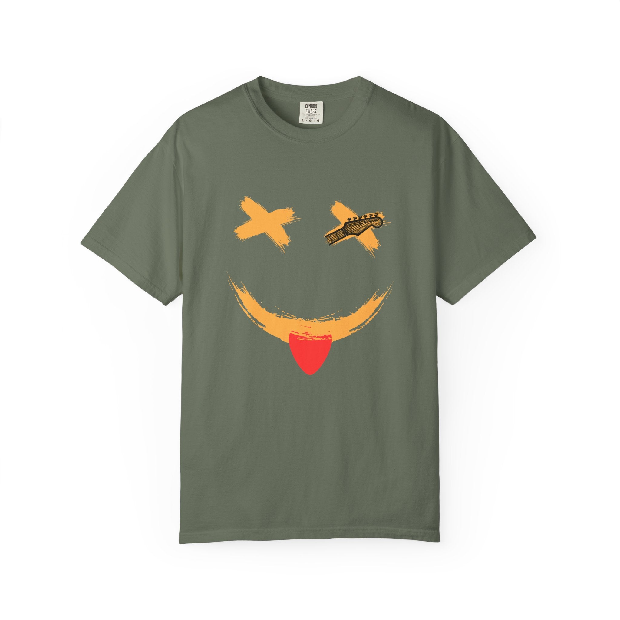 Green t-shirt with a smiley face design on a white background