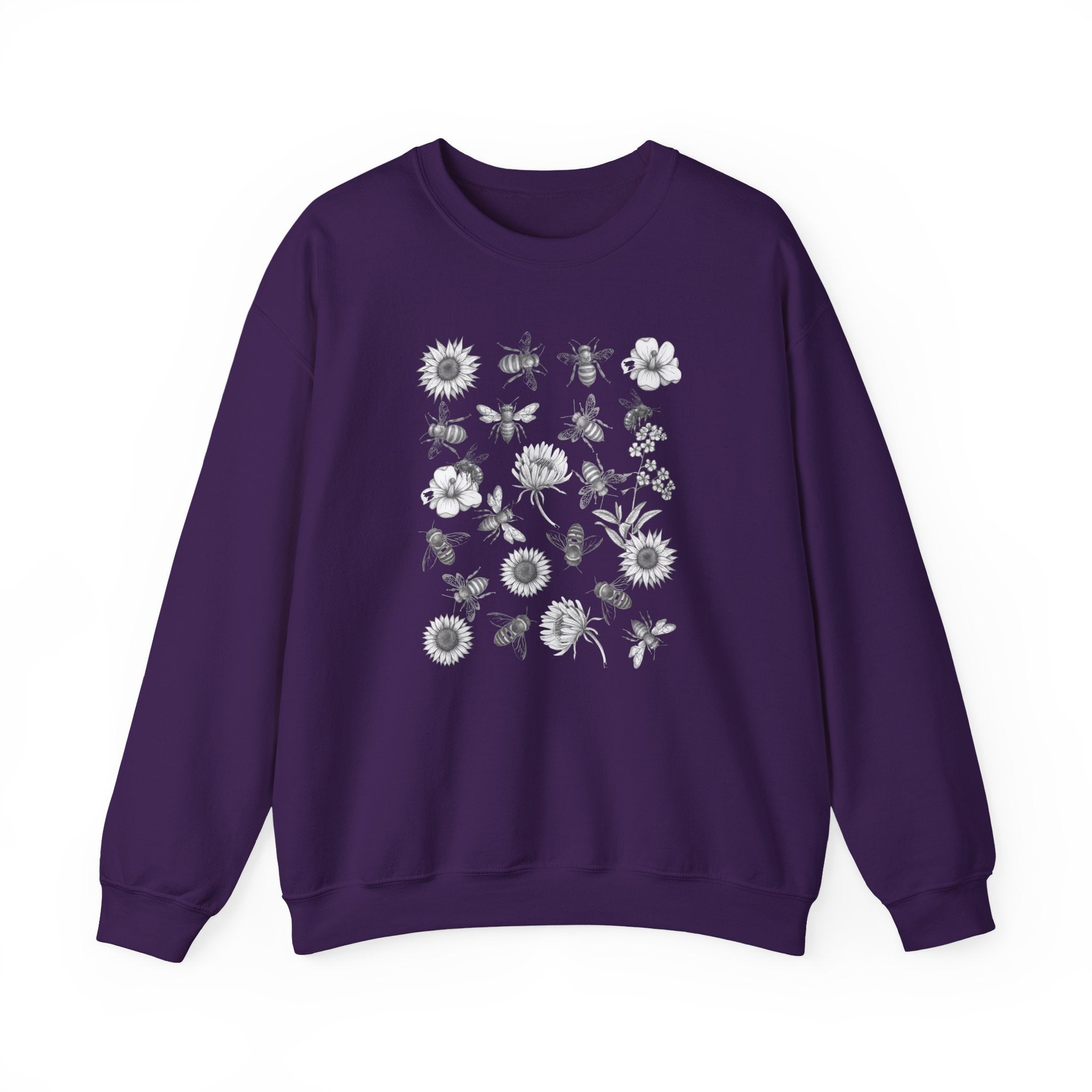 Navy blue sweatshirt with white floral and bee design on a white background