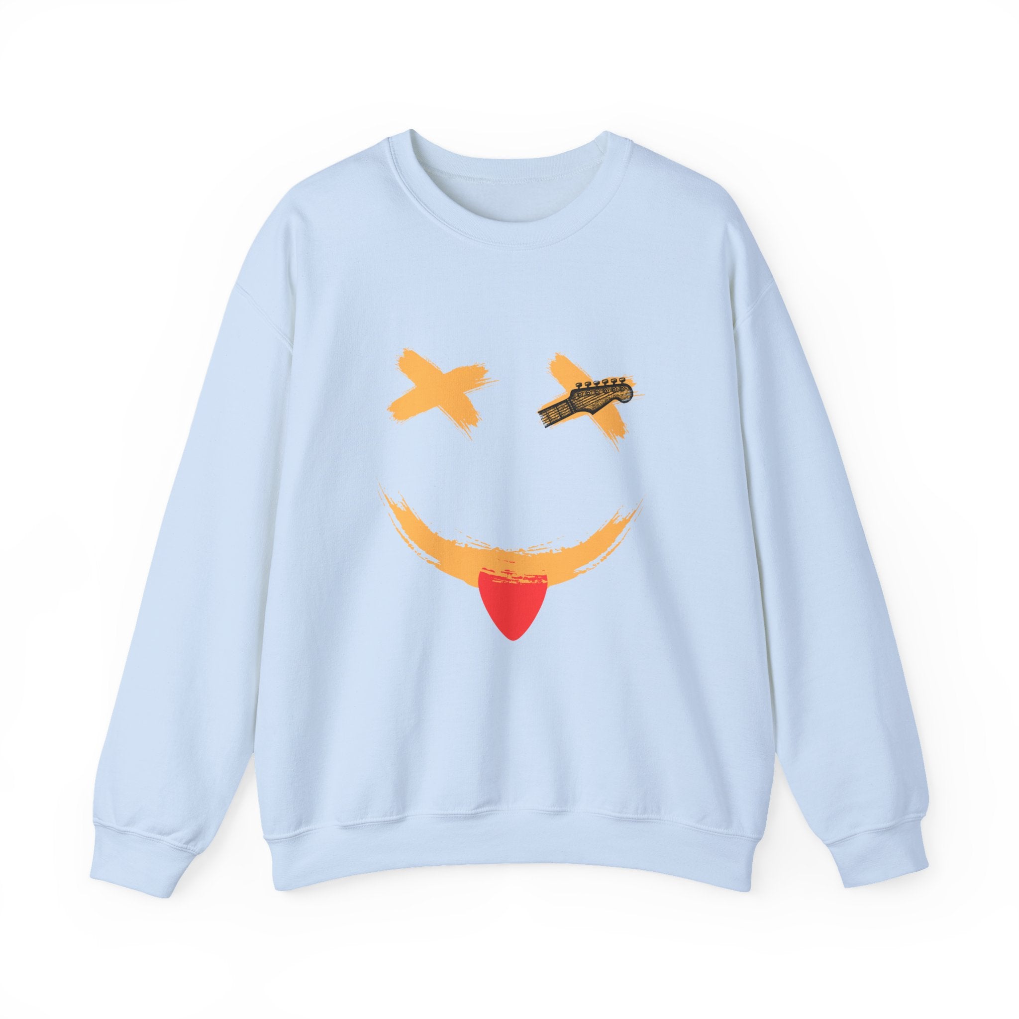 Light blue sweatshirt with a smiley face design on a white background