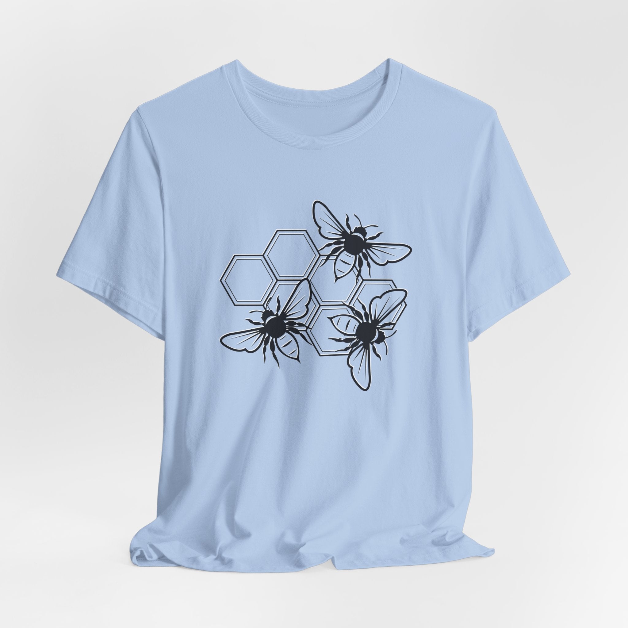 Light blue t-shirt with black bee and honeycomb design on a white background