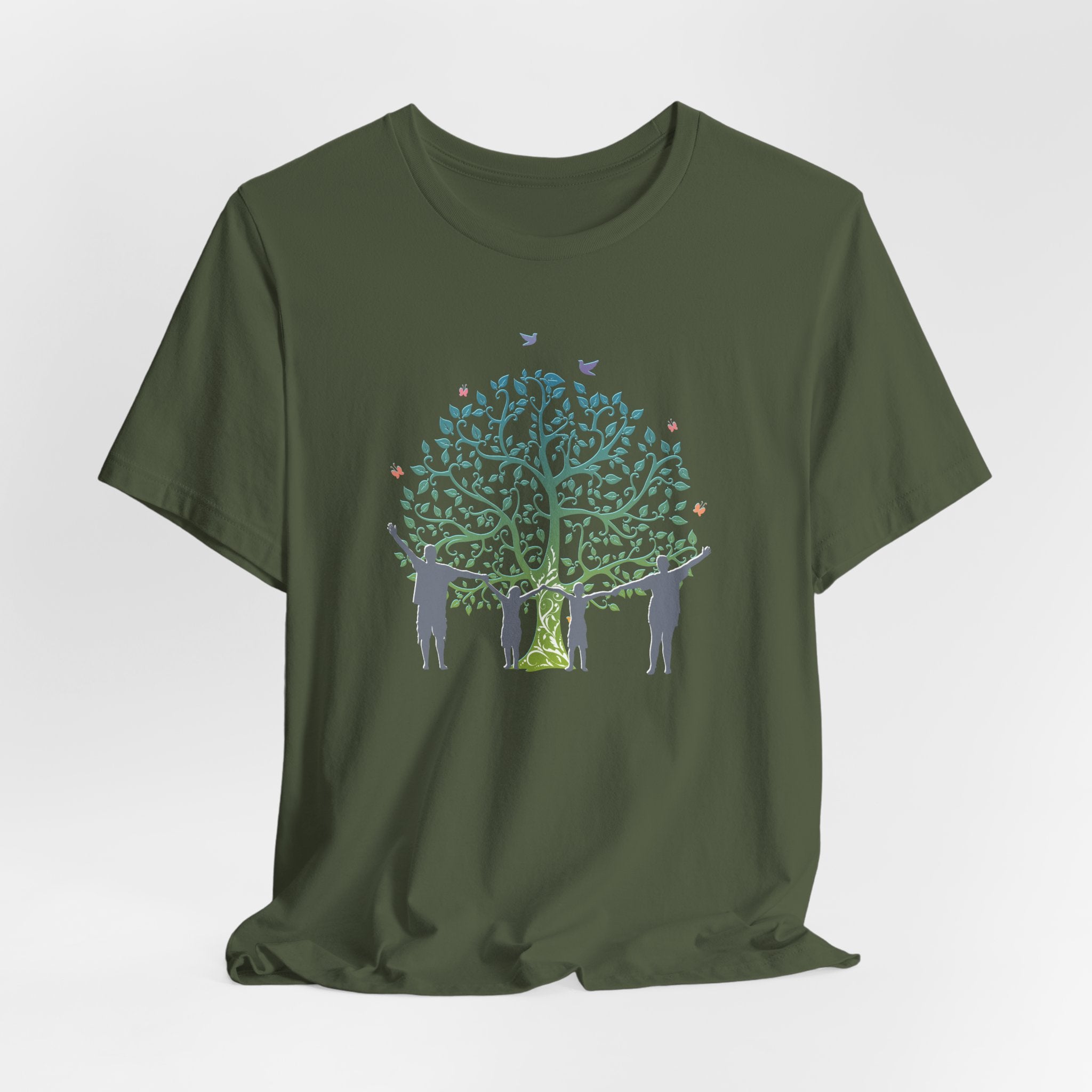 Green t-shirt with a tree and people graphic on a white background
