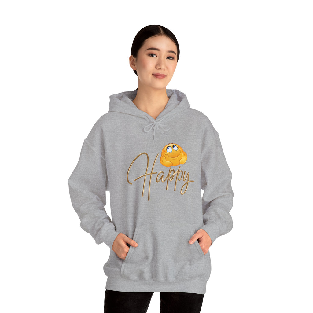 Person wearing a gray hoodie with a cartoon character and 'Happy' text on a white background
