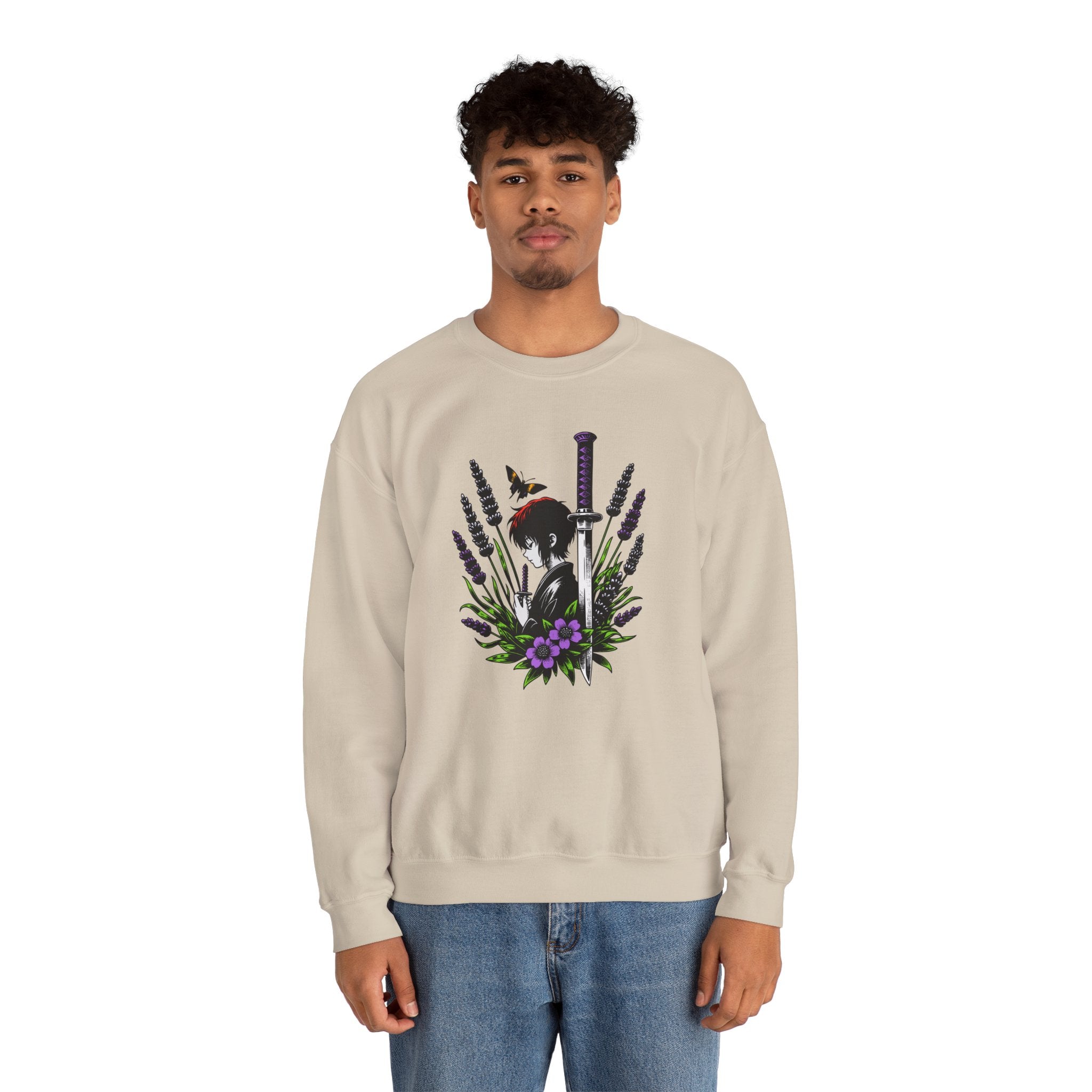 Person wearing a beige sweatshirt with a manga, butterfly, and sword design on a white background