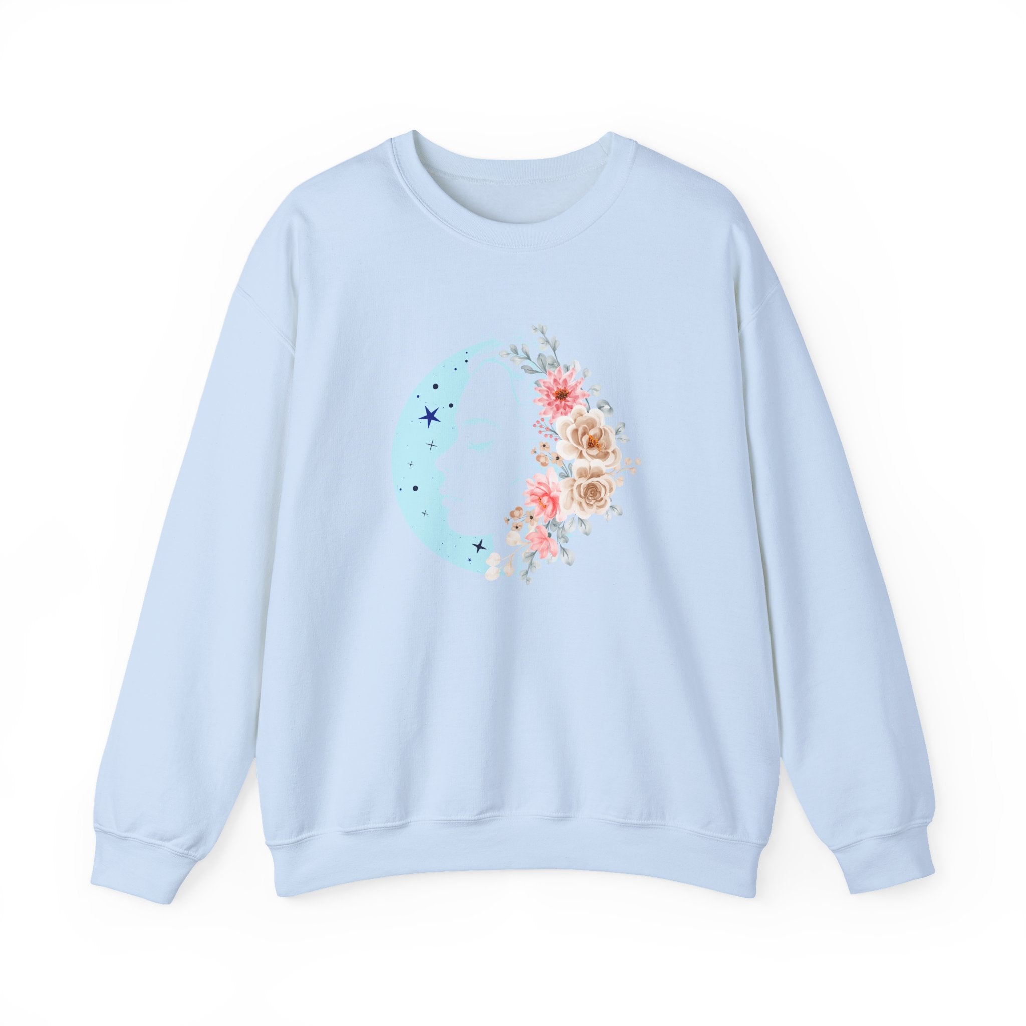 Light blue sweatshirt with floral and moon design on a white background