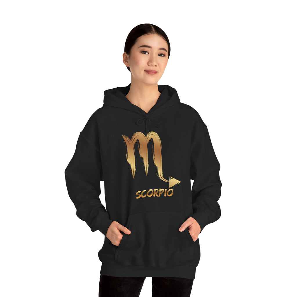 Person wearing a black hoodie with Scorpio symbol and text on a white background