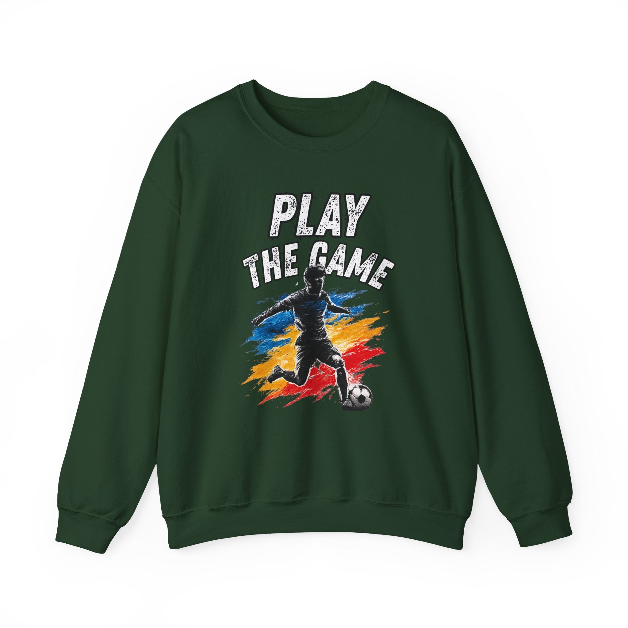 A dark green crewneck sweatshirt featuring a graphic print of a soccer player kicking a ball with the text 'PLAY THE GAME' in white, set against a plain white background.