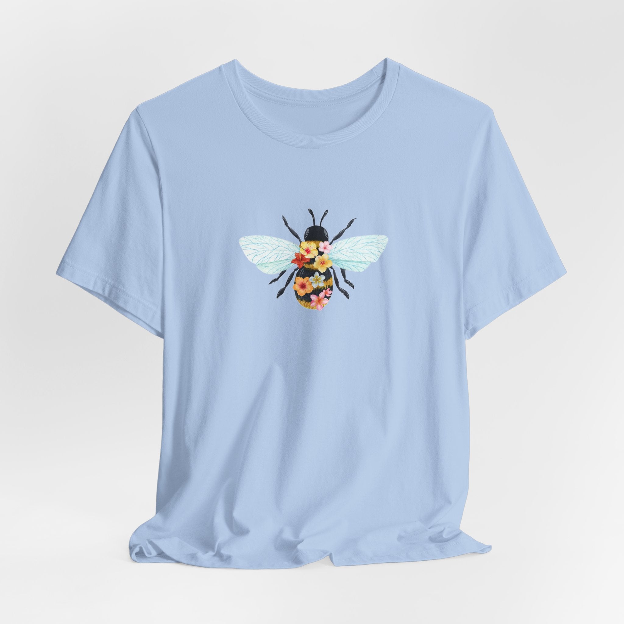 Light blue t-shirt with a bee graphic on a white background