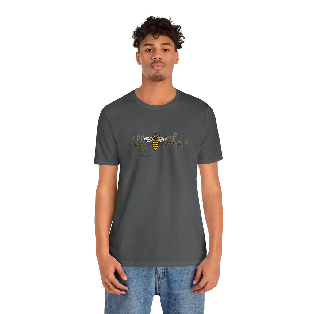 Person wearing a dark gray t-shirt with a graphic design on a white background