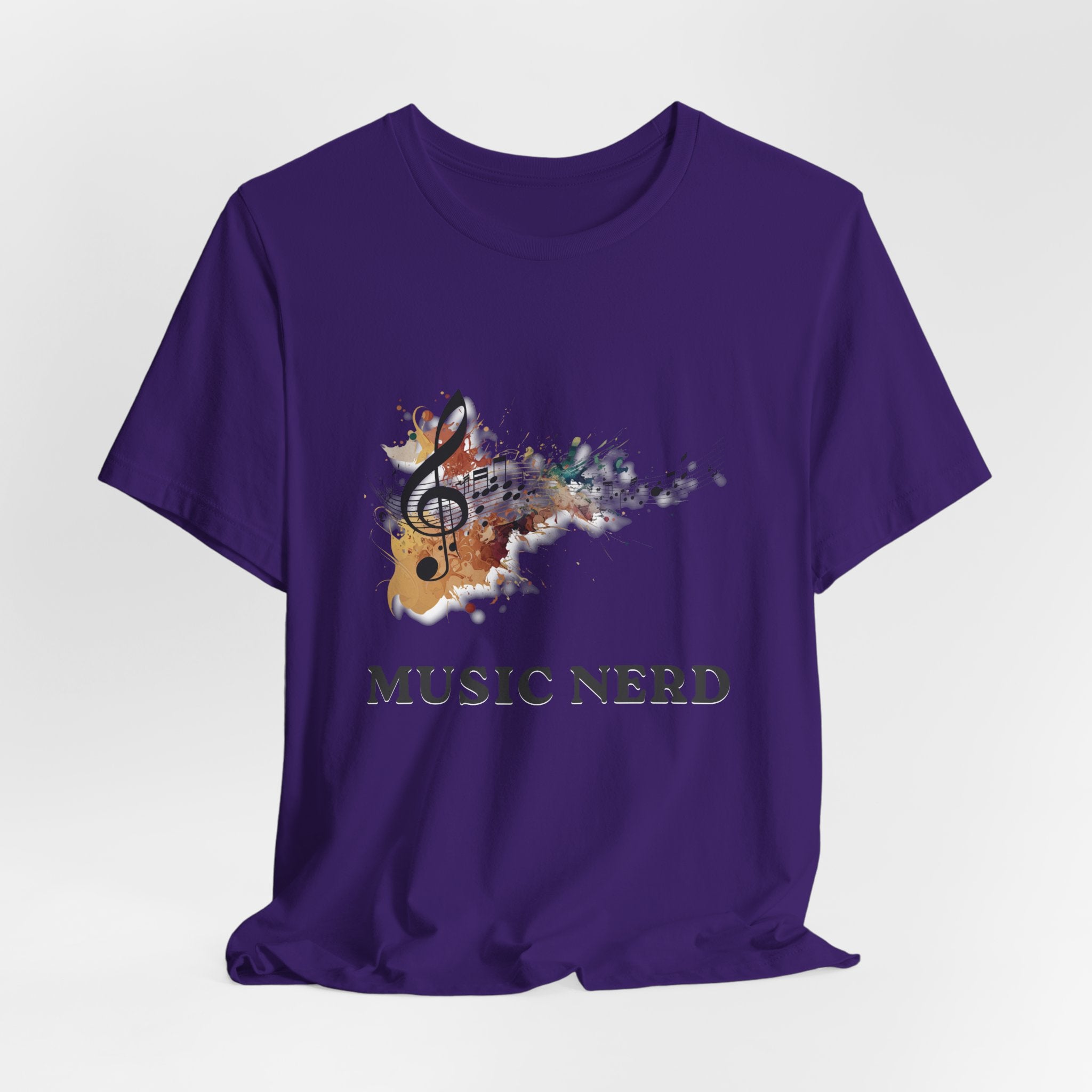 Purple t-shirt with musical design and 'Music Nerd' text on a white background