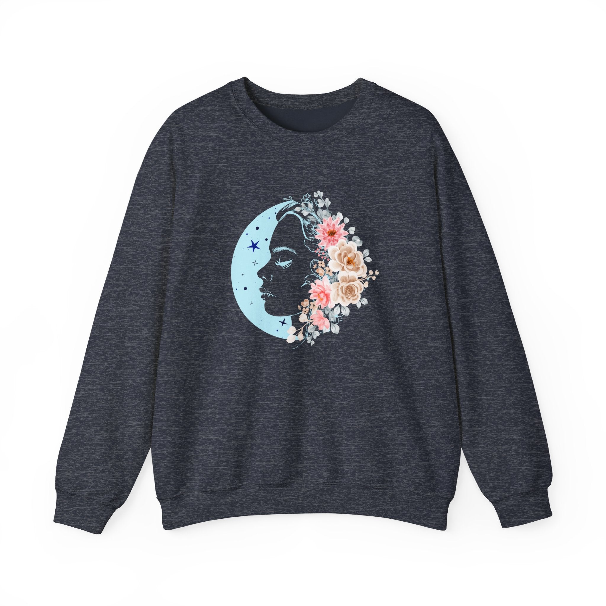Dark gray sweatshirt with a colorful moon and floral design on a white background