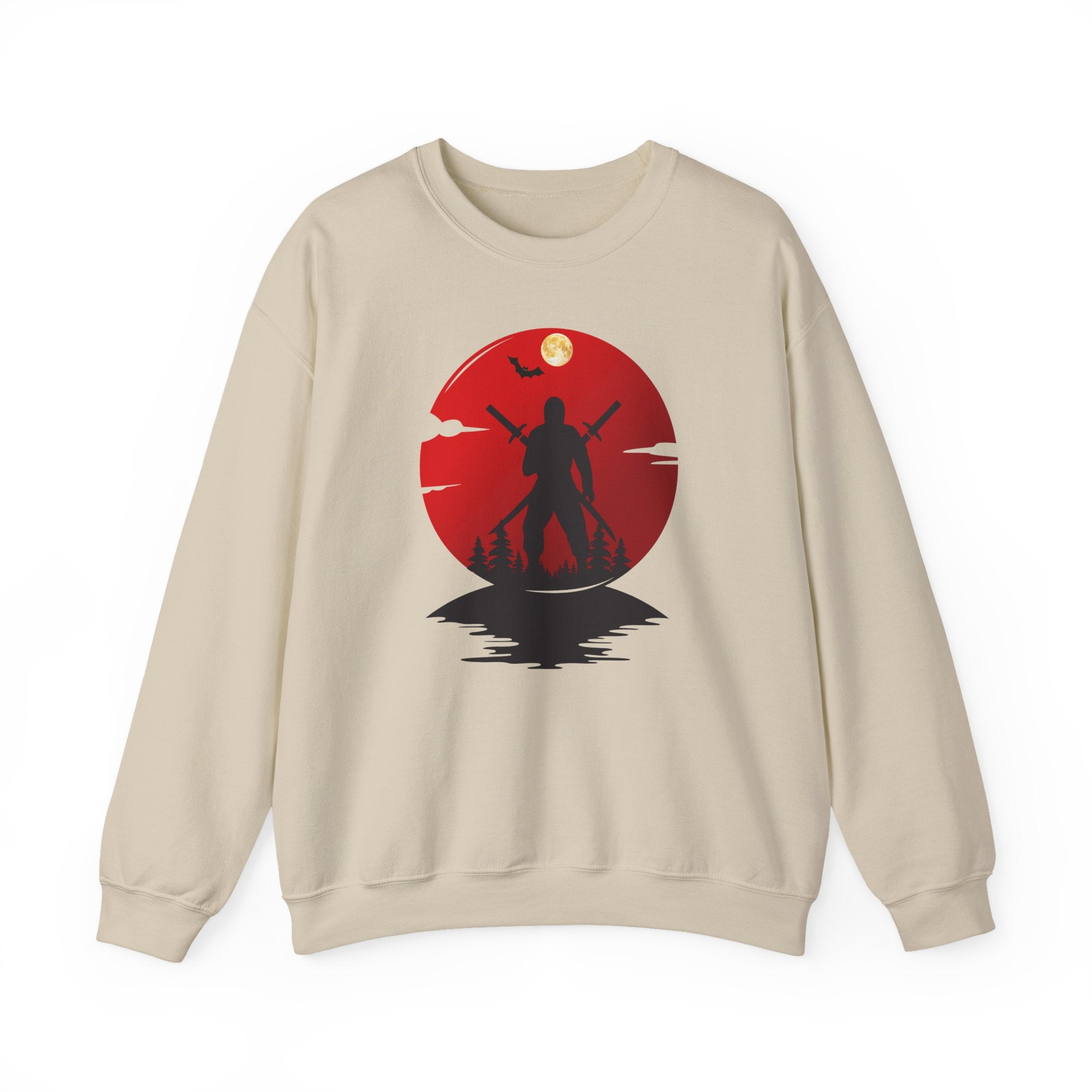Beige sweatshirt with a red and black ninja graphic design on a white background