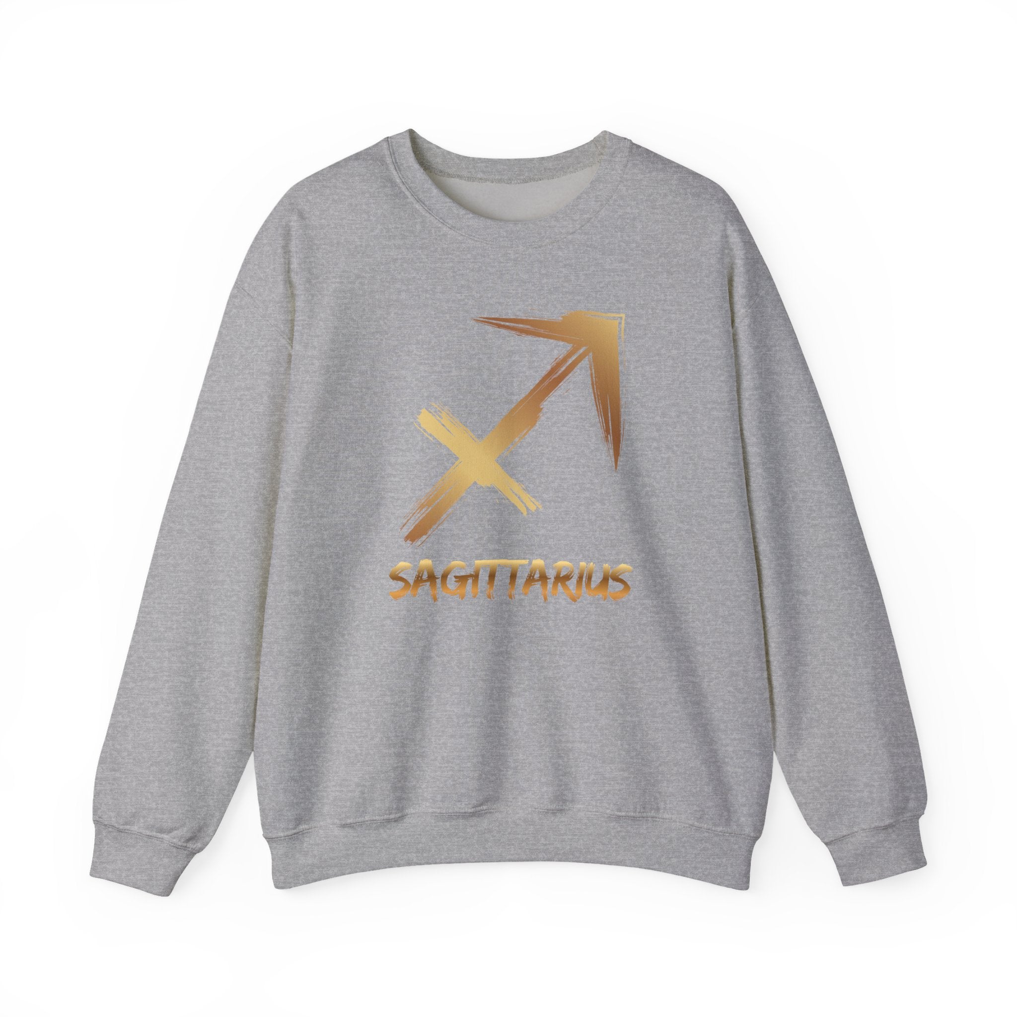 Grey sweatshirt with gold Sagittarius symbol and text on a white background