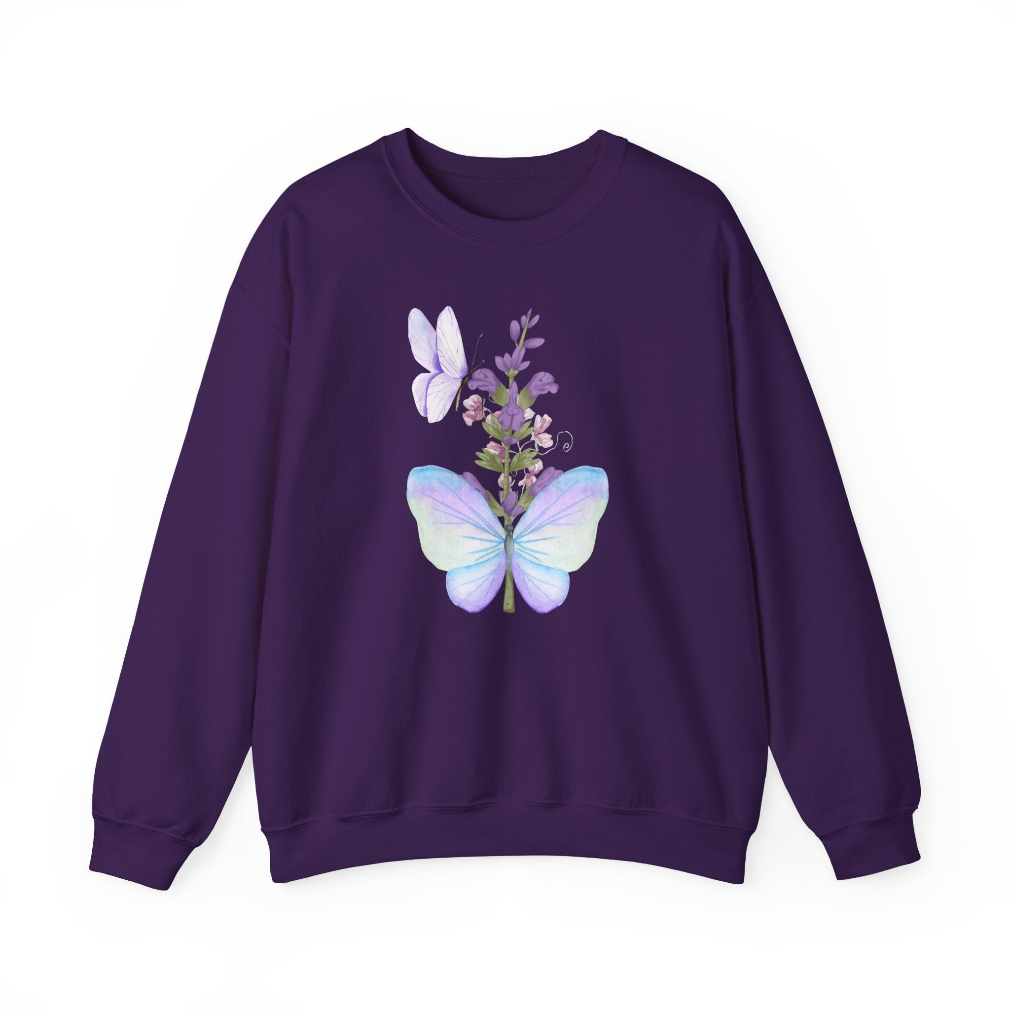 Purple sweatshirt with butterfly and floral design on a white background