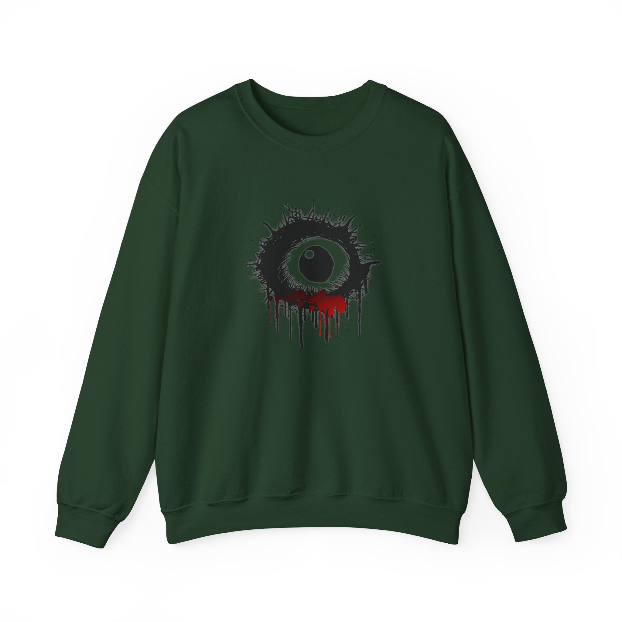 Green sweatshirt with a black and red eye design on a white background