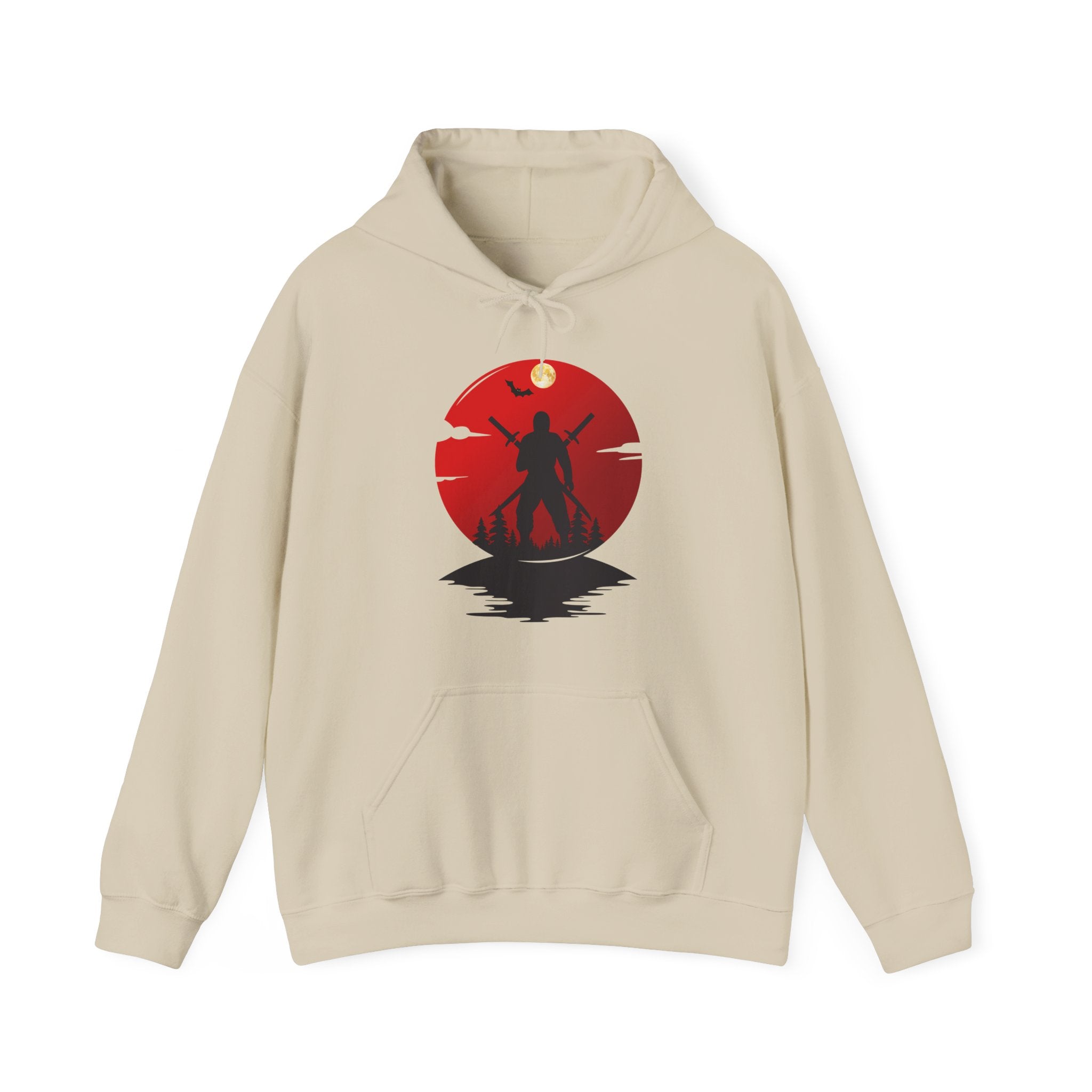 Beige hoodie with a graphic design of a silhouette against a red circle on a white background