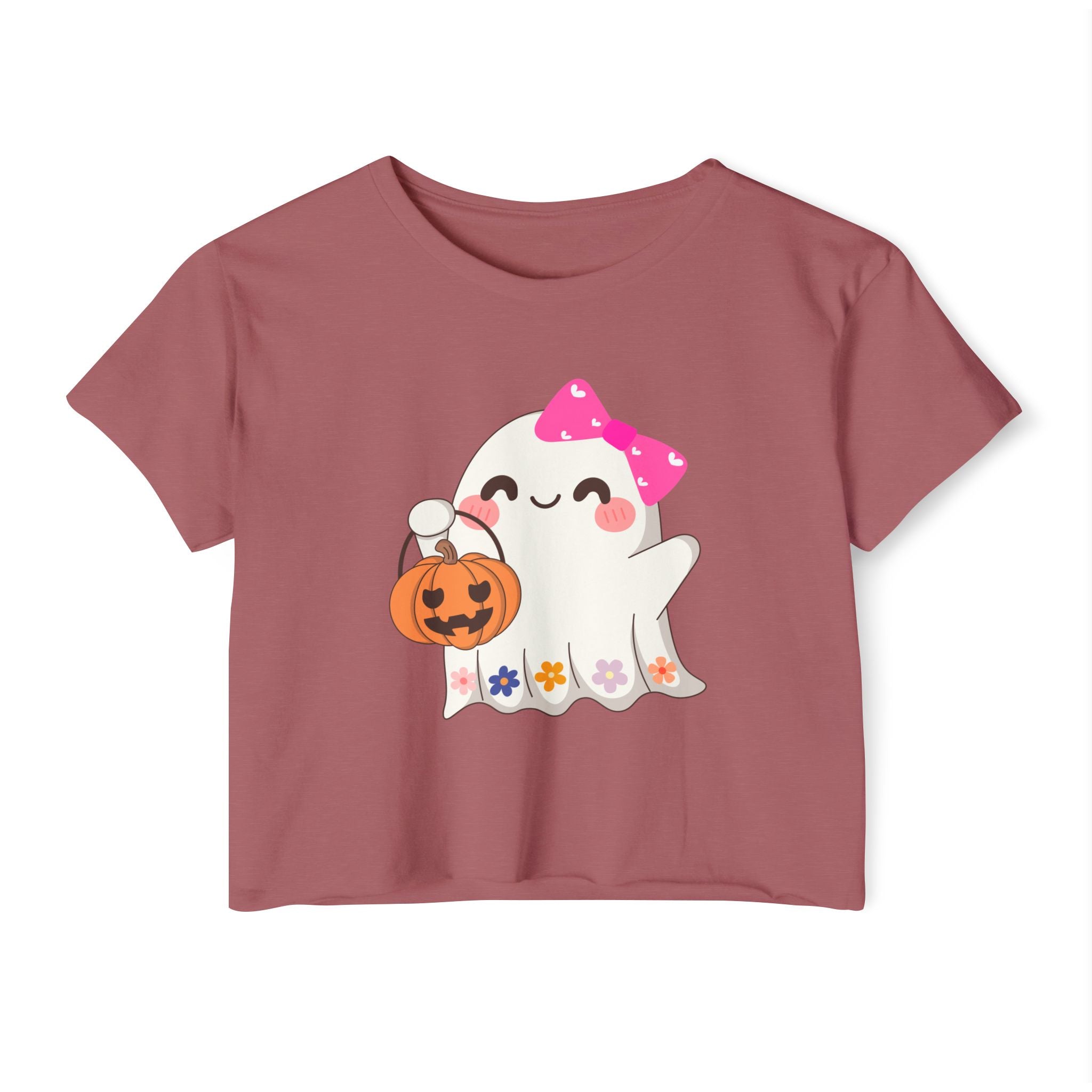 Ghost Holding Pumpkin Spooky Halloween Crop Top T-shirt