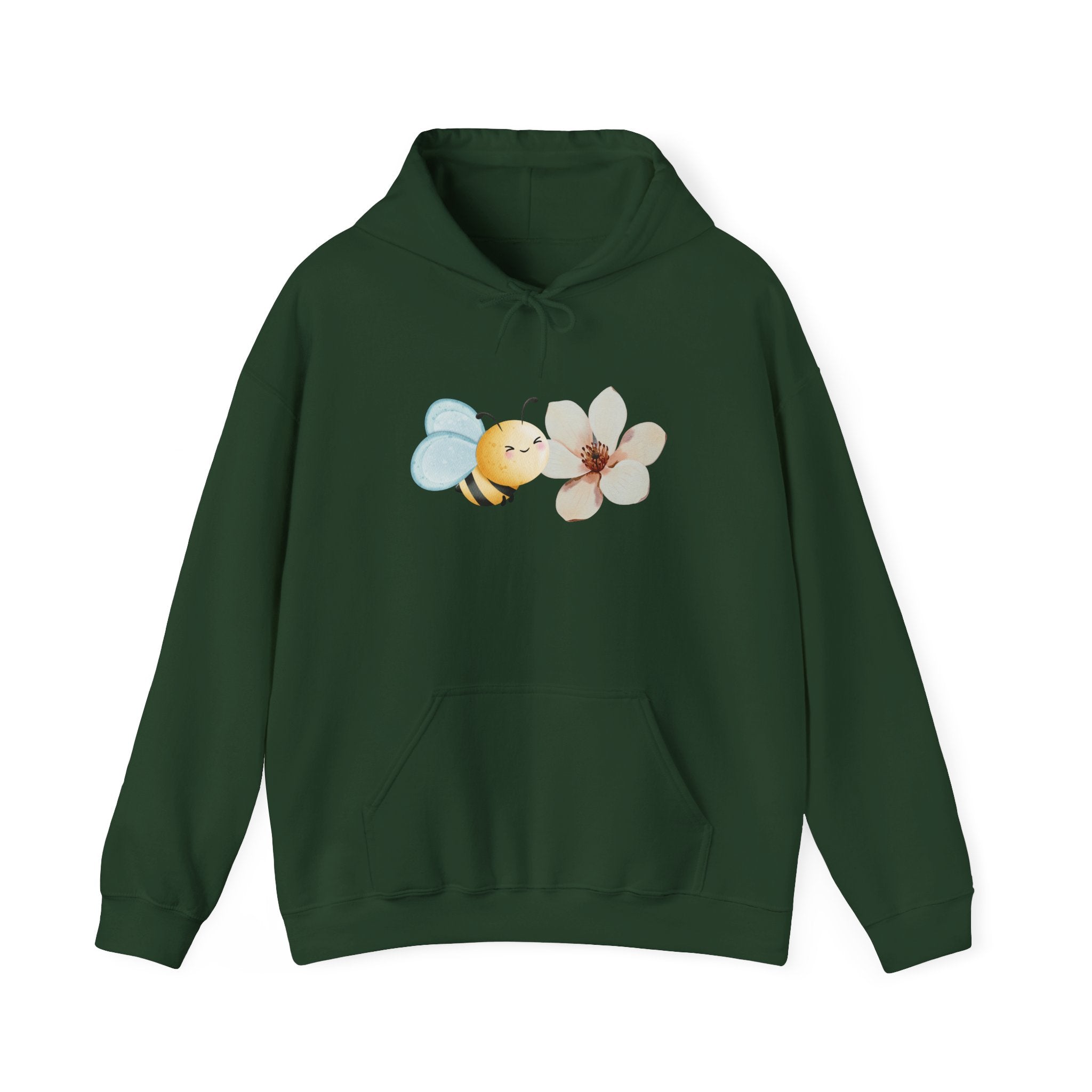 Green hoodie with a flower and bee design on a white background
