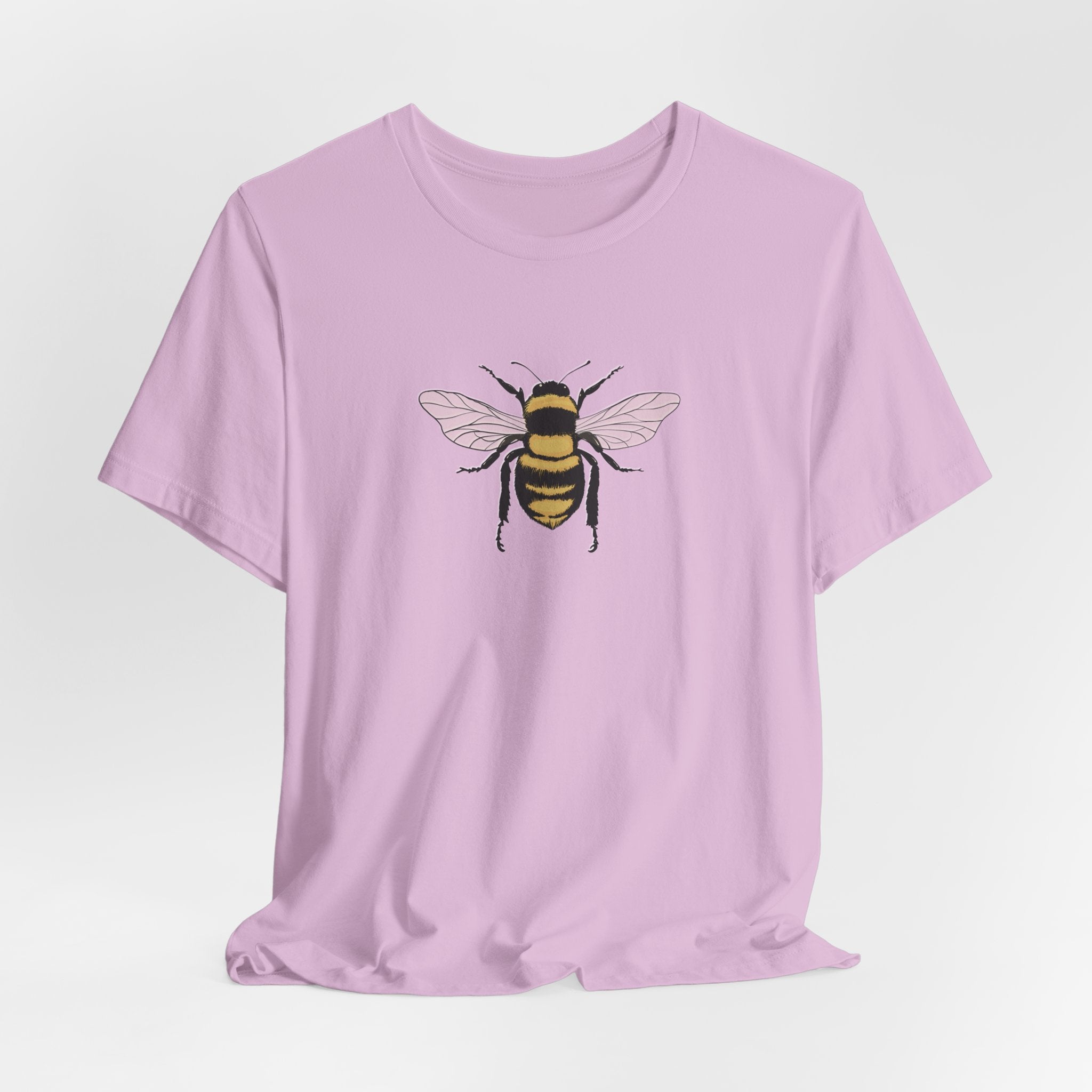 Light purple t-shirt with a bee graphic on a light gray background