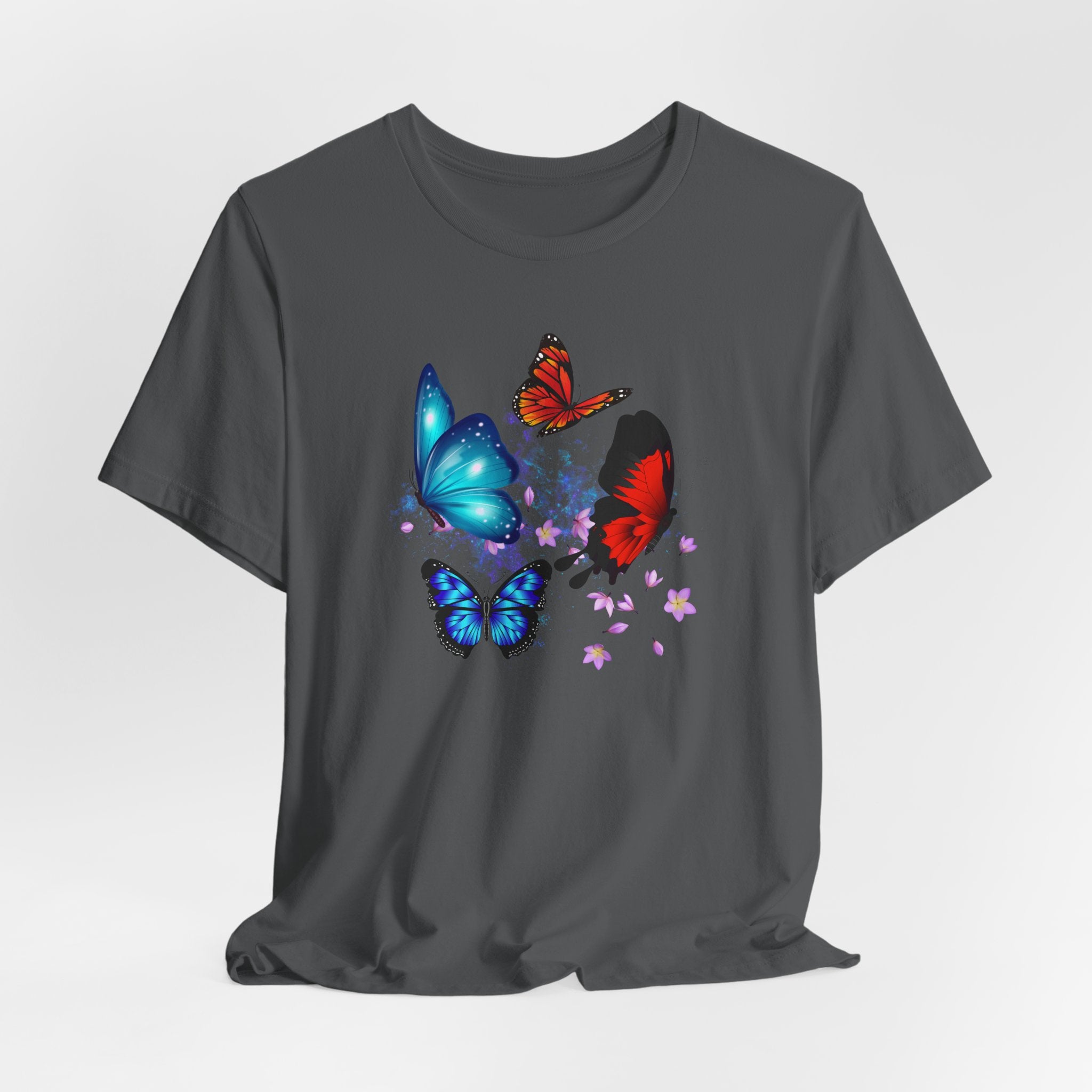 Gray t-shirt with colorful butterfly design on a light gray background