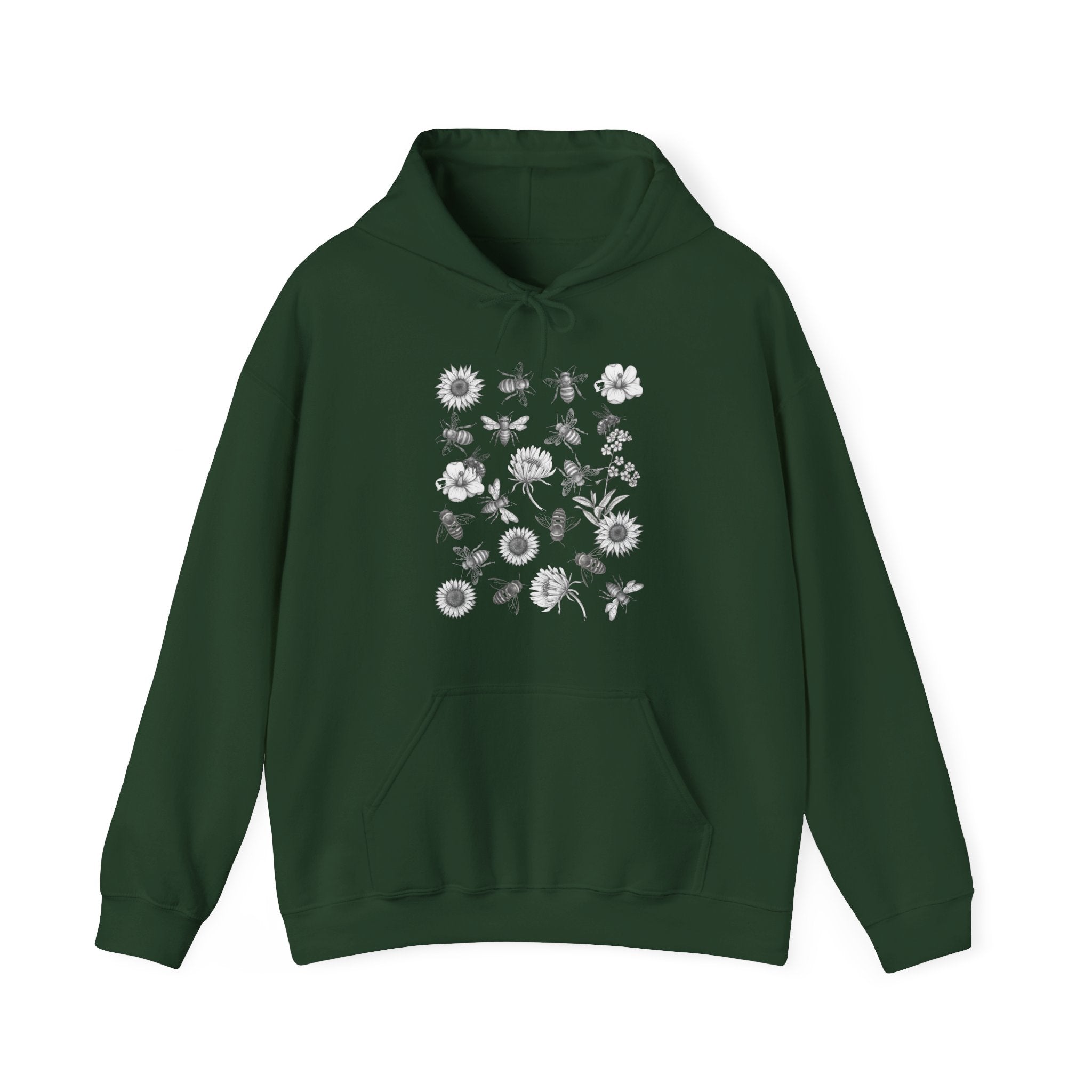 Green hoodie with floral and bee design on a white background