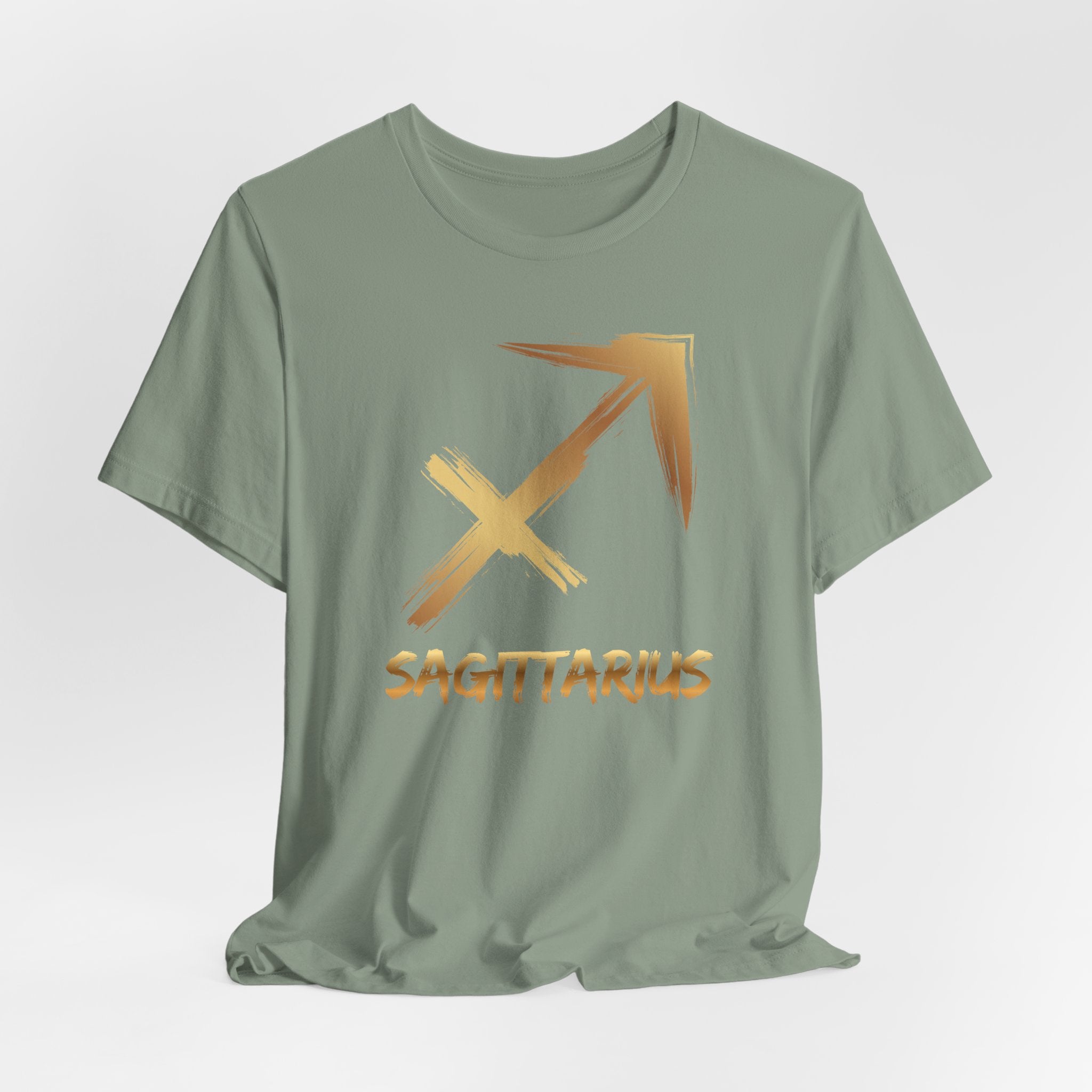 Green t-shirt with gold Sagittarius symbol and text on a white background