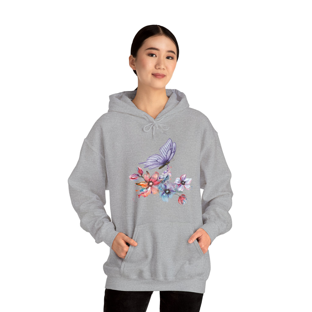 Gray hoodie with floral and butterfly design worn by a model on a white background