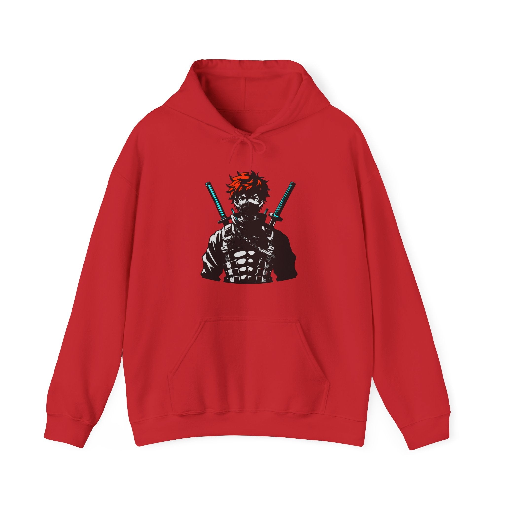 Red hoodie with a graphic design of a character holding swords on a white background