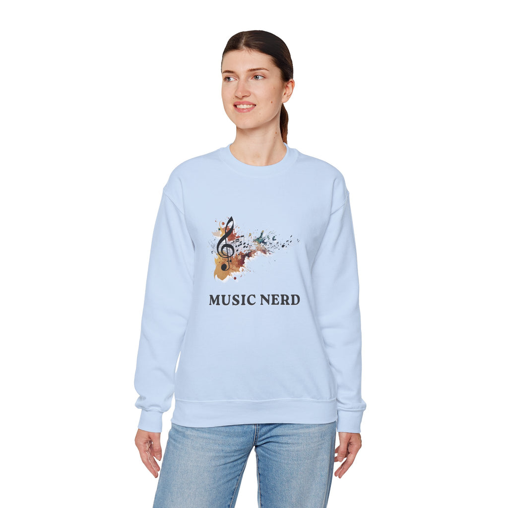 Light blue sweatshirt with 'MUSIC NERD' design worn by a person on a white background