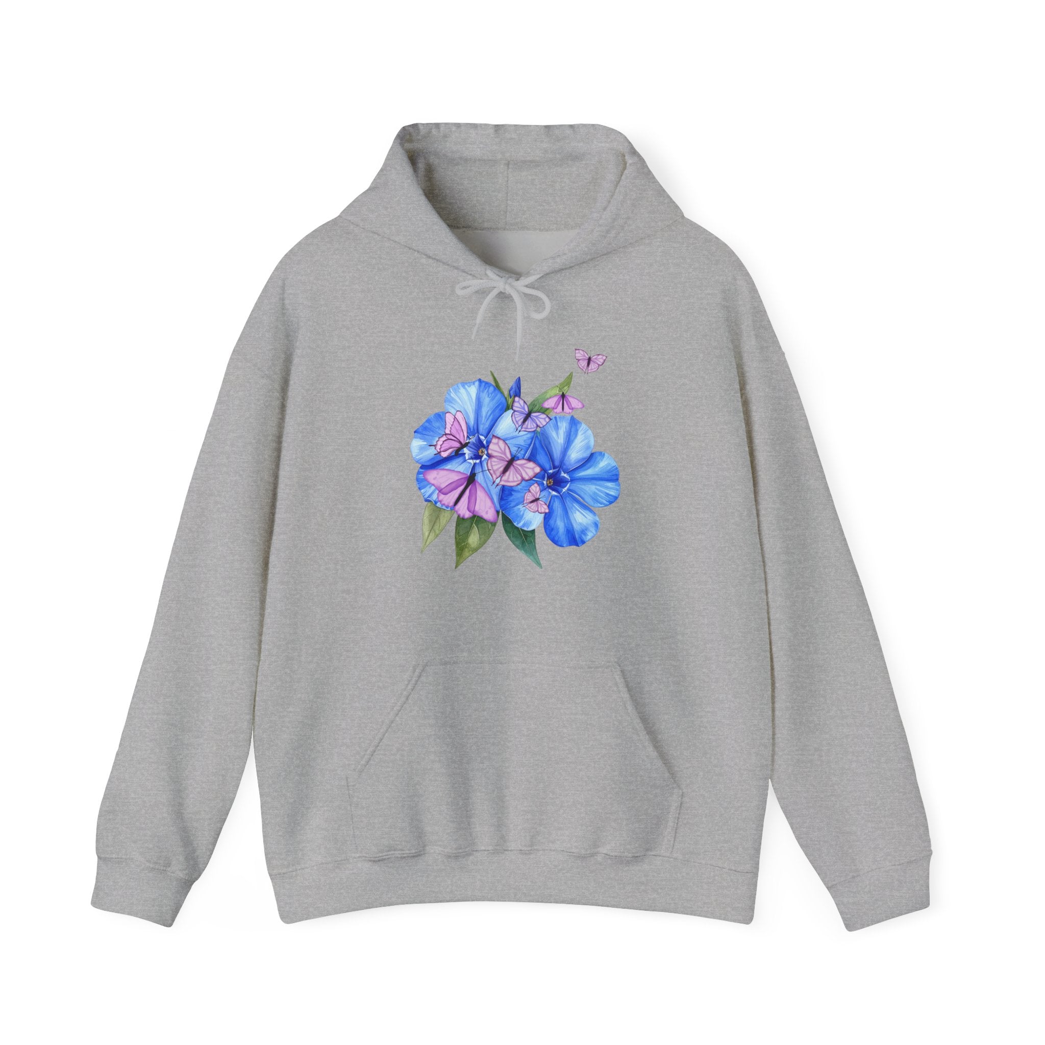 Gray hoodie with a floral design on a white background