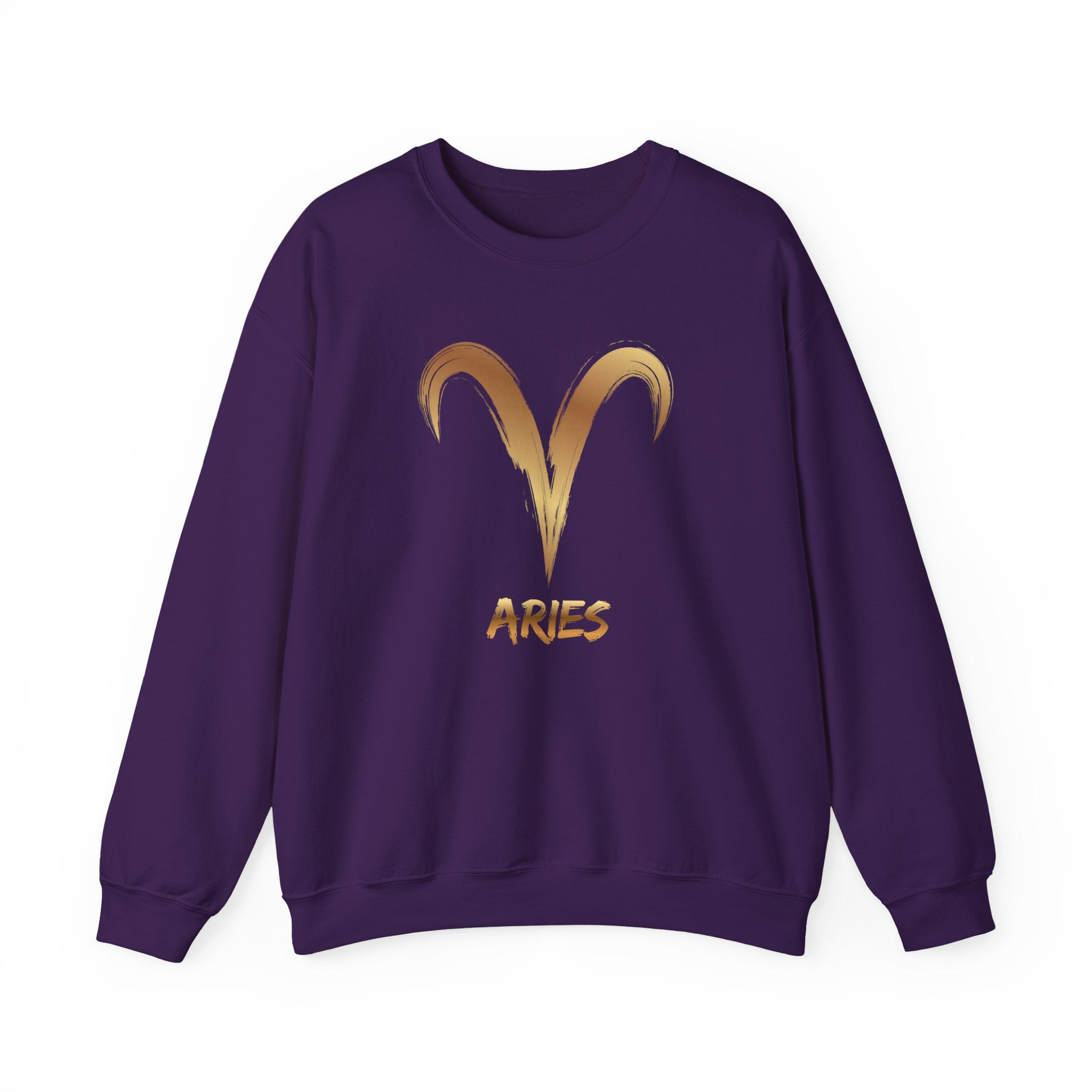 Purple sweatshirt with gold Aries symbol and text on a white background