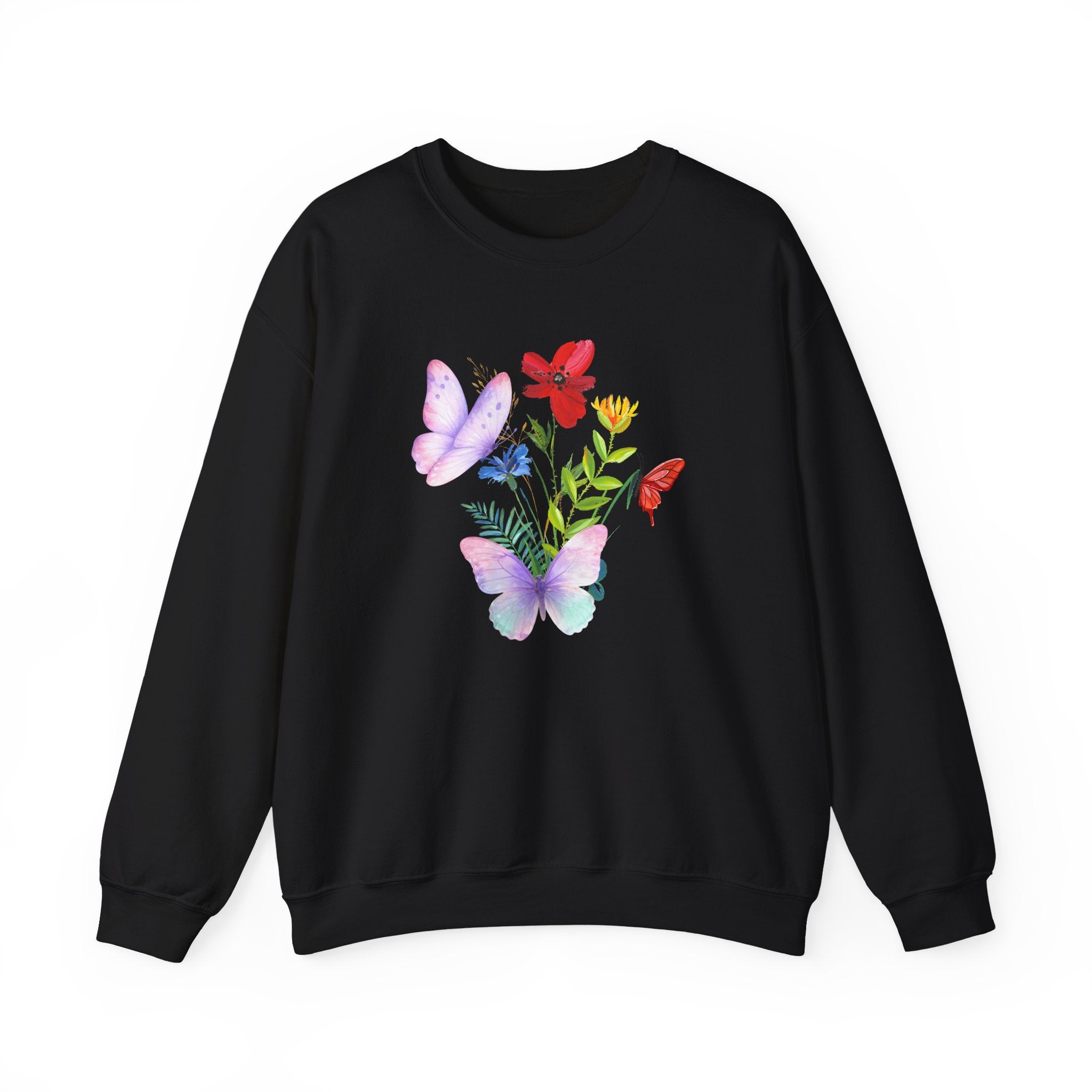 Black sweatshirt with colorful floral and butterfly design on a white background