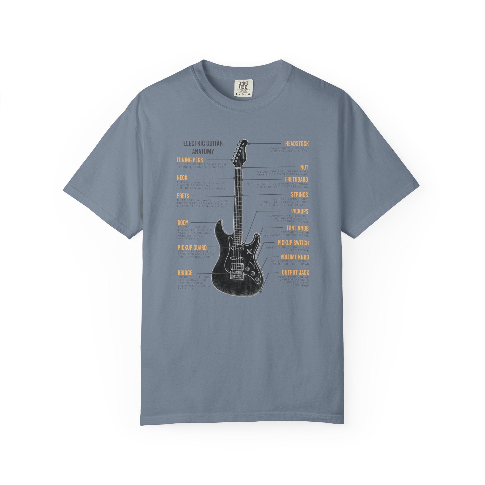Blue jean t-shirt with cartoon rock illustrations and text on a white background