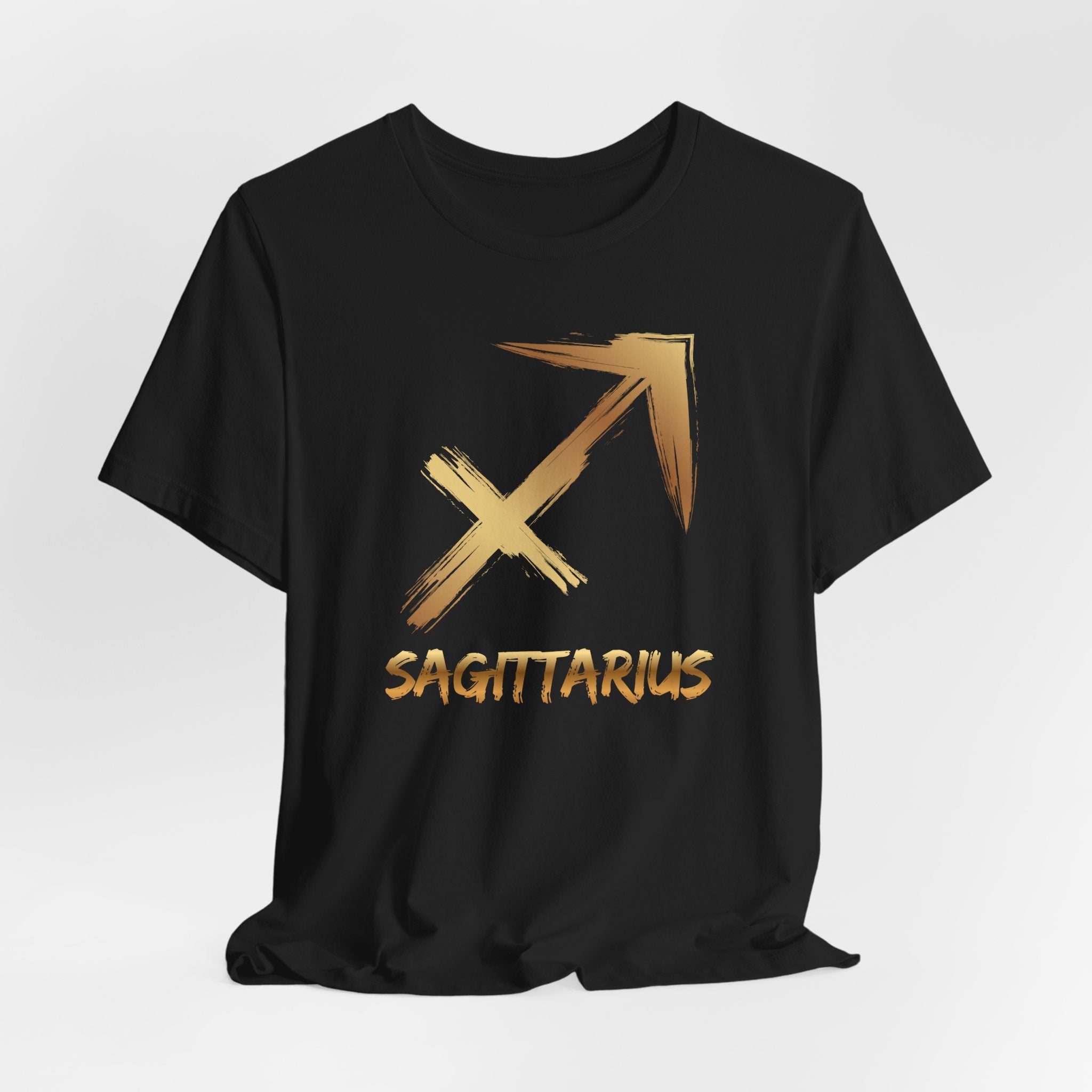 Black t-shirt with gold Sagittarius zodiac symbol on a white background
