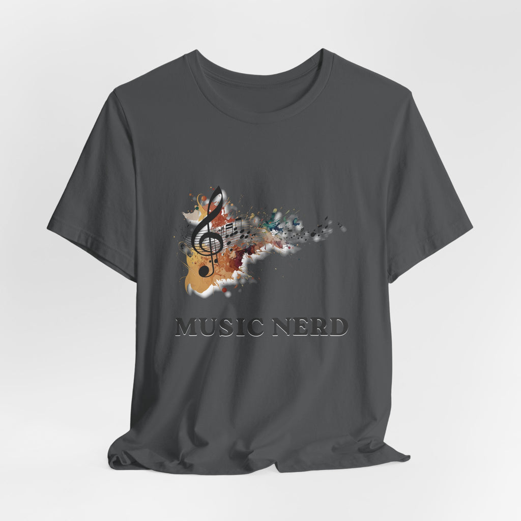 Gray t-shirt with a music-themed design and 'MUSIC NERD' text on a white background