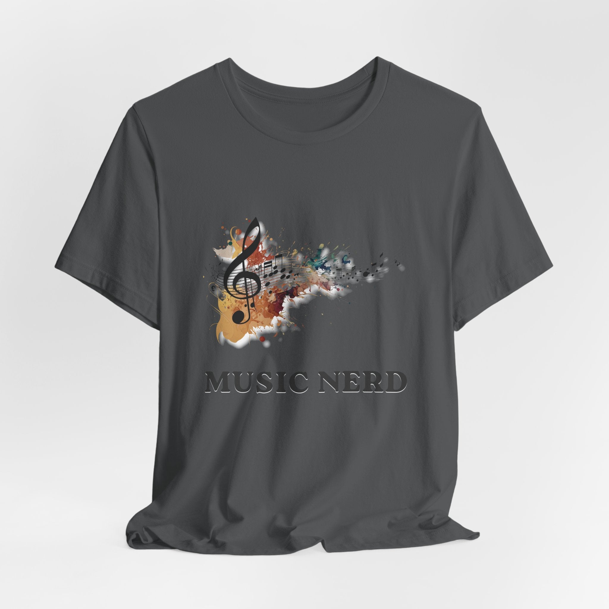 Gray t-shirt with a music-themed design and 'MUSIC NERD' text on a white background