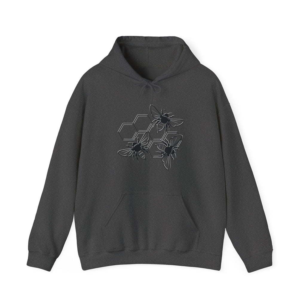 Black hoodie with a bee design on a white background