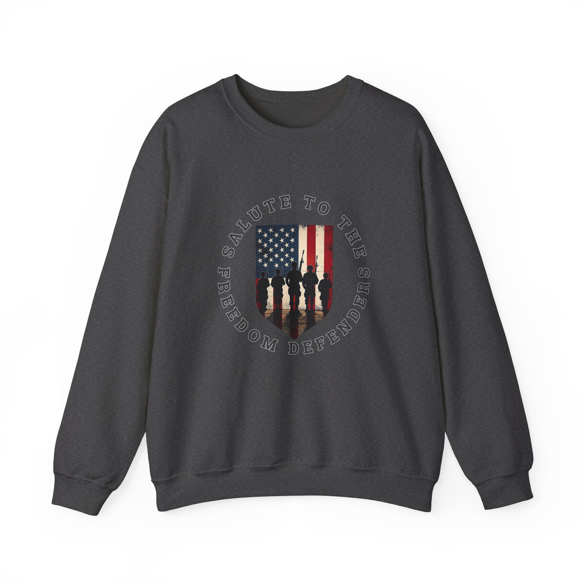 Dark gray sweatshirt with American flag and silhouette design on a white background