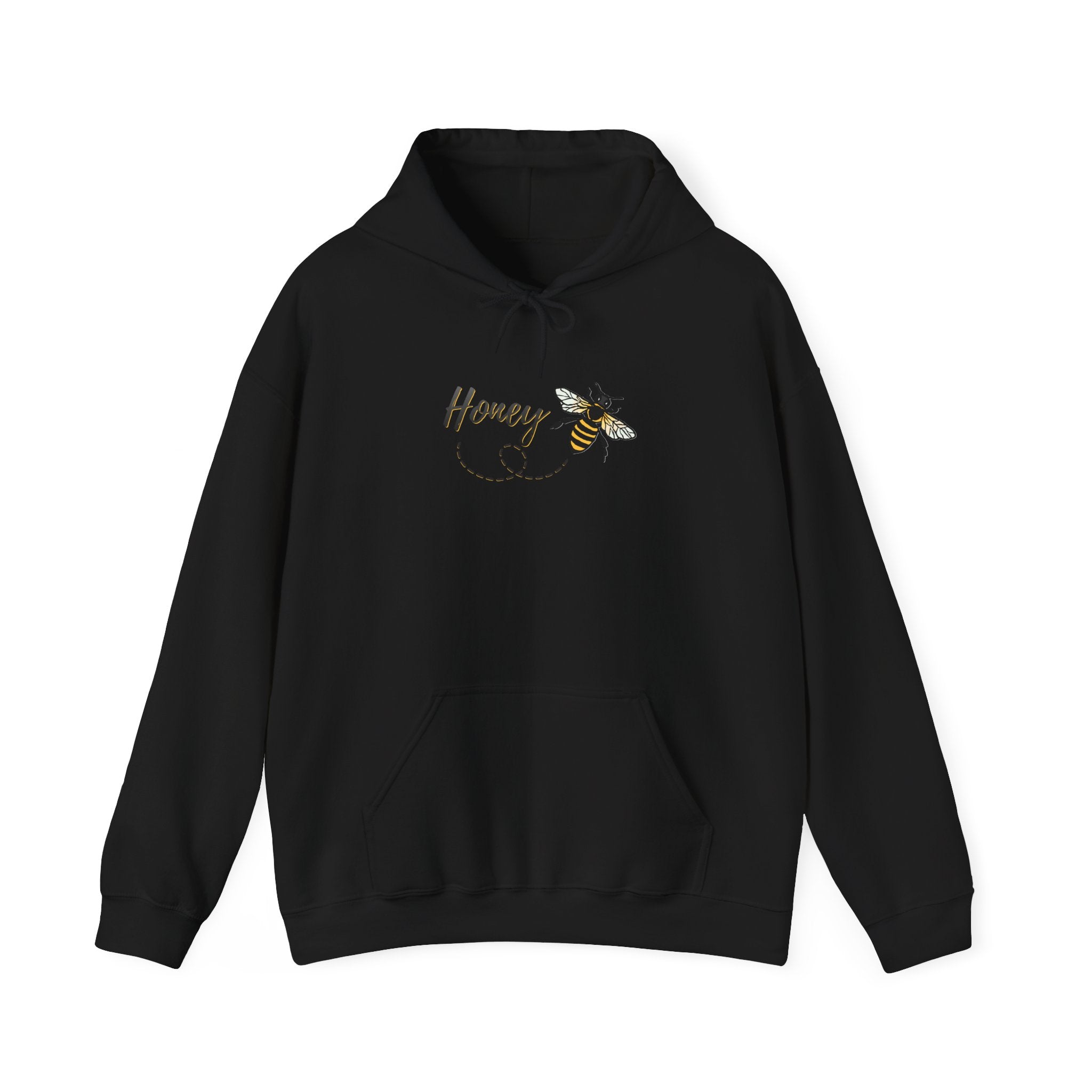 Black hoodie with honey bee animal & text "Honey" on a white background