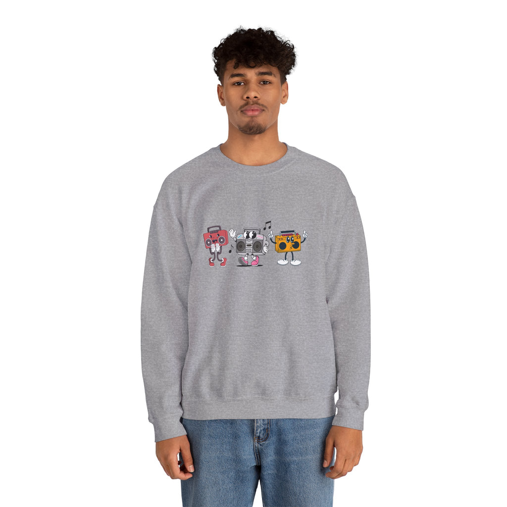 Person wearing a gray sweatshirt with cartoon character design on a white background