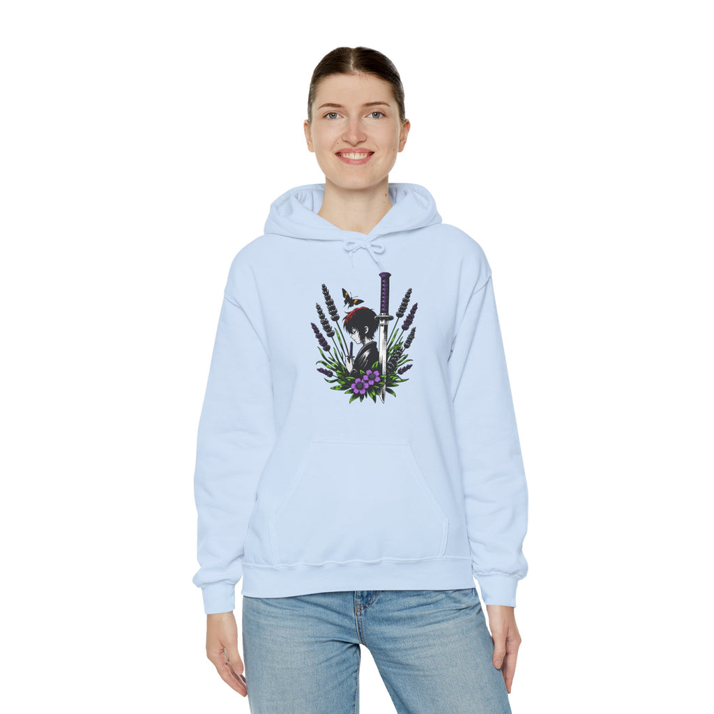 Person wearing a light blue hoodie with a graphic design on a white background
