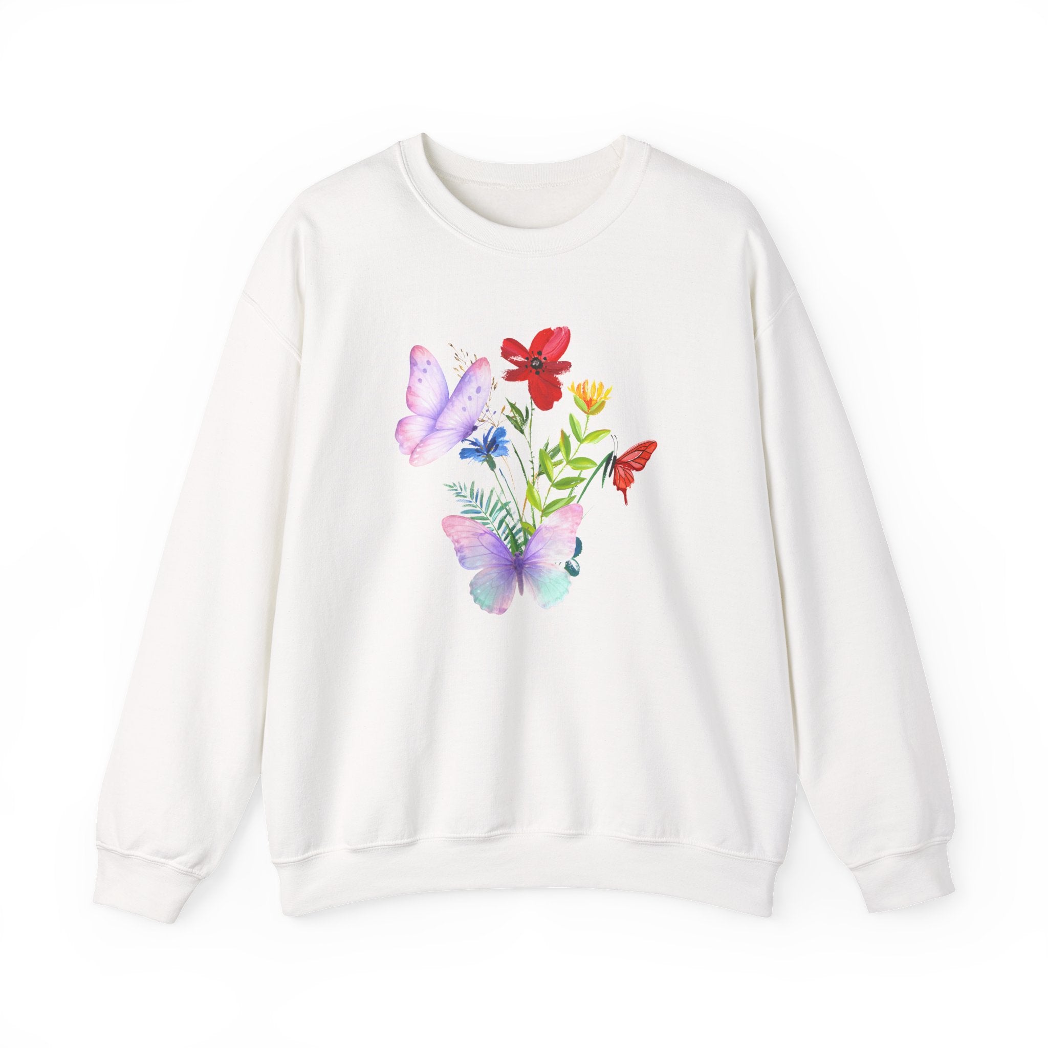White sweatshirt with colorful floral and butterfly design on a white background