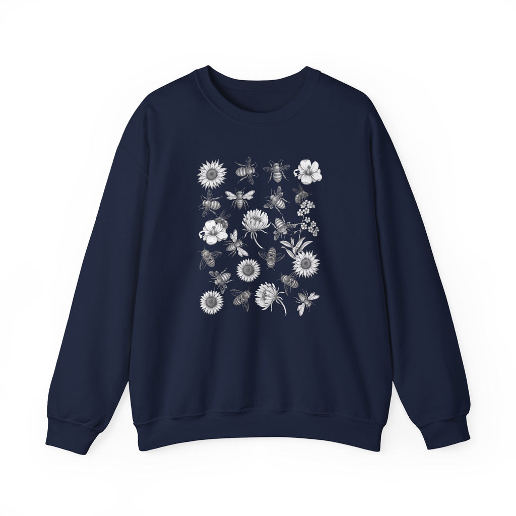 Navy blue sweatshirt with white floral and bee design on a white background