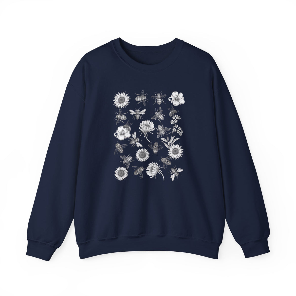 Navy blue sweatshirt with white floral and bee design on a white background