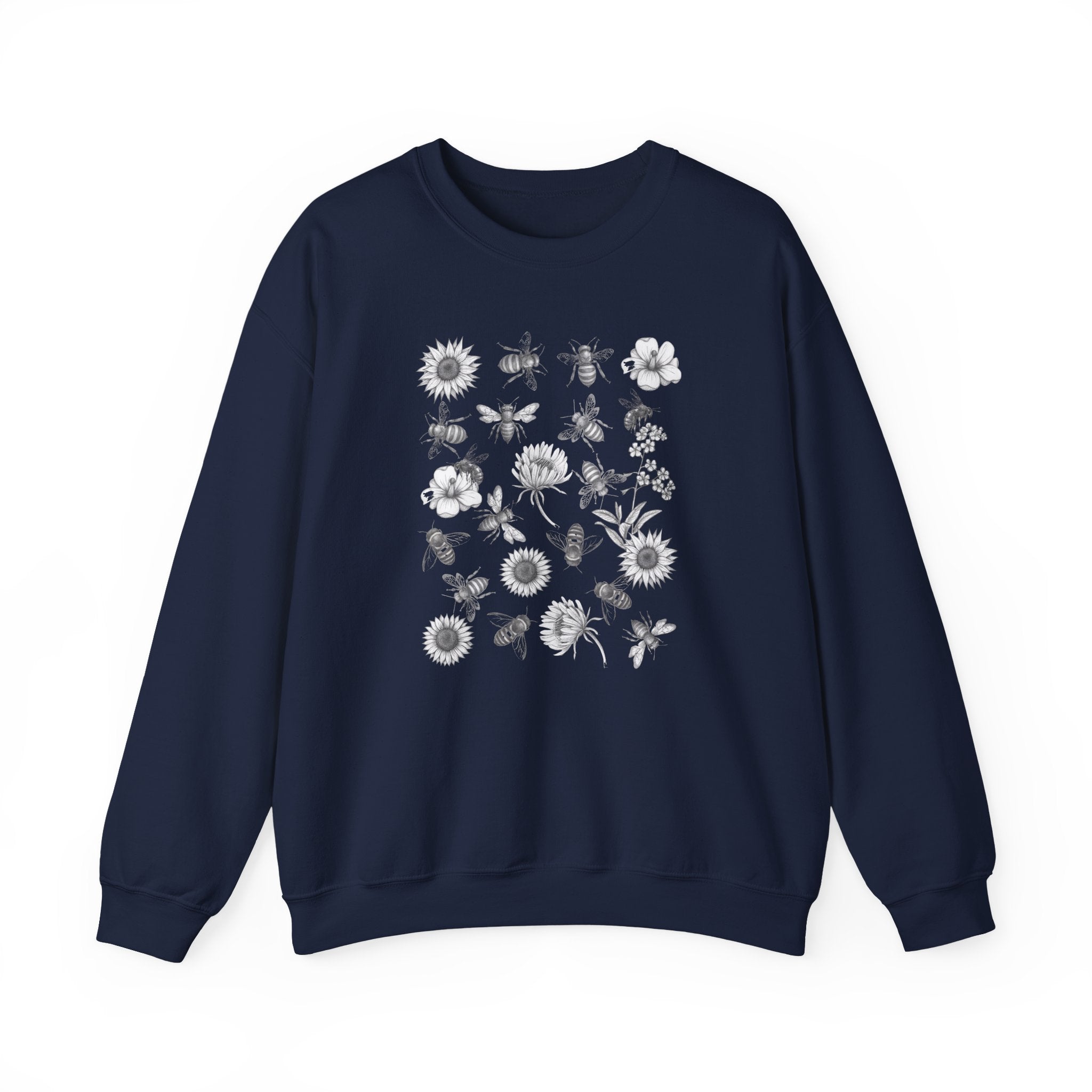 Navy blue sweatshirt with white floral and bee design on a white background