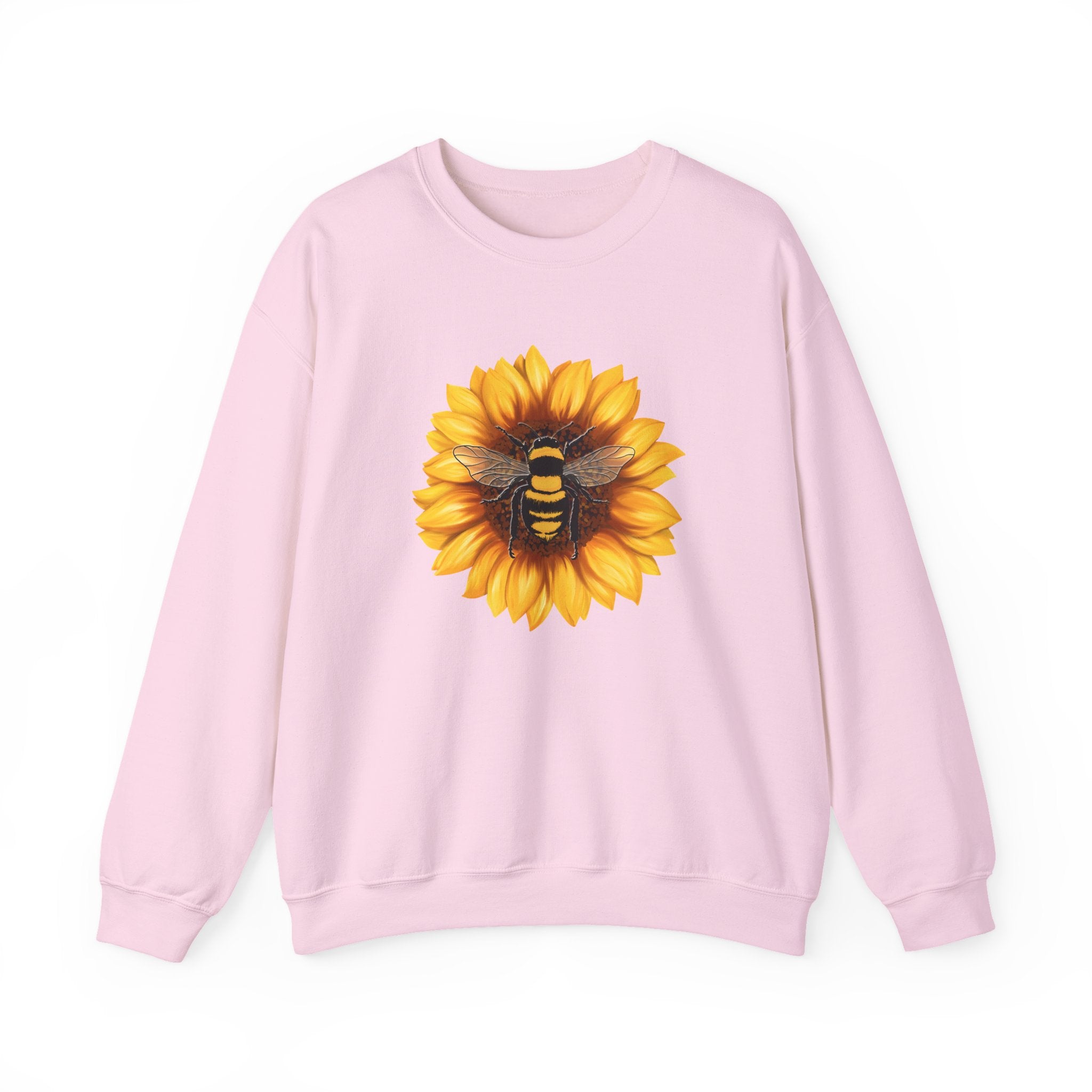 Pink sweatshirt with a sunflower and bee design on a white background