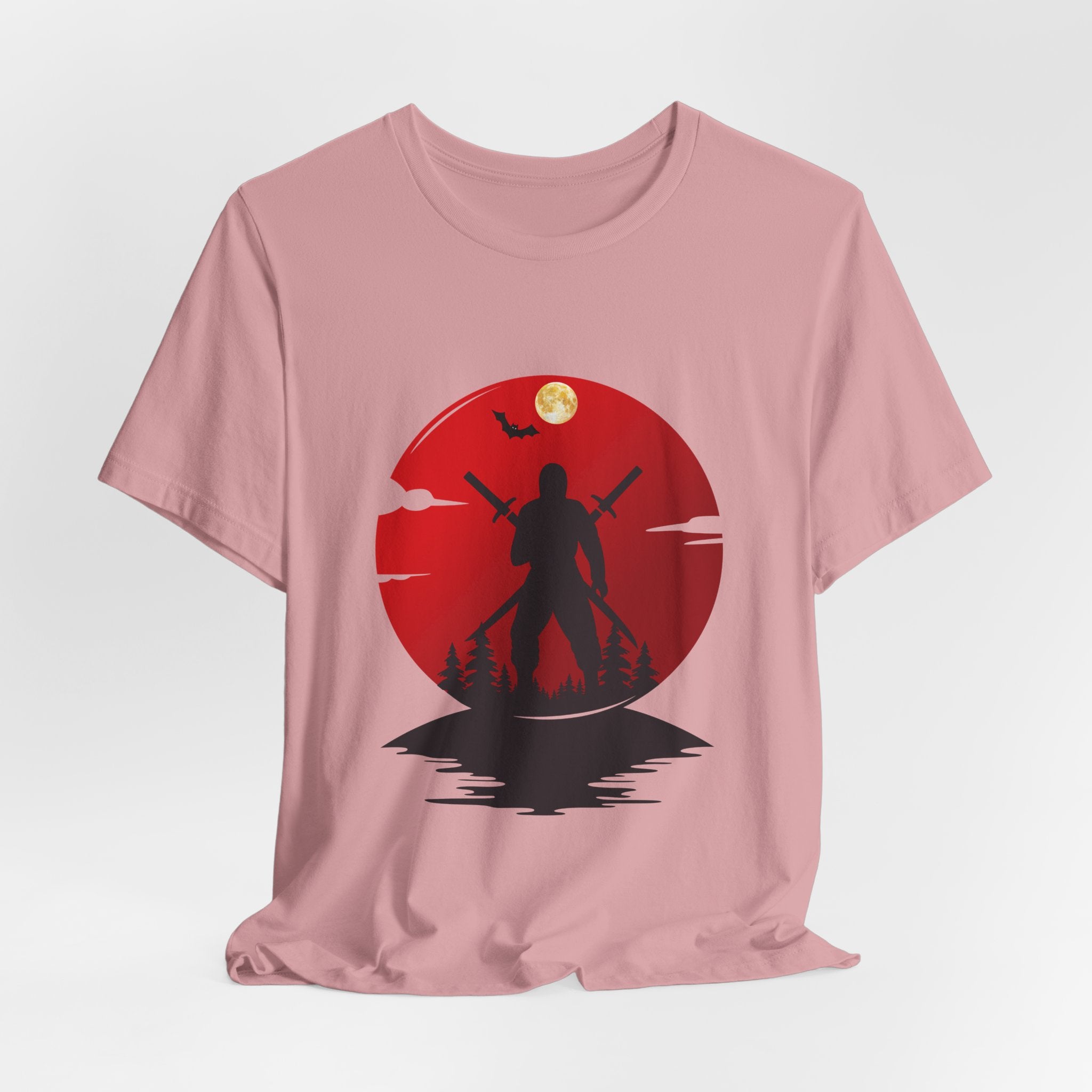 Pink t-shirt with a black silhouette design on a red circle against a white background