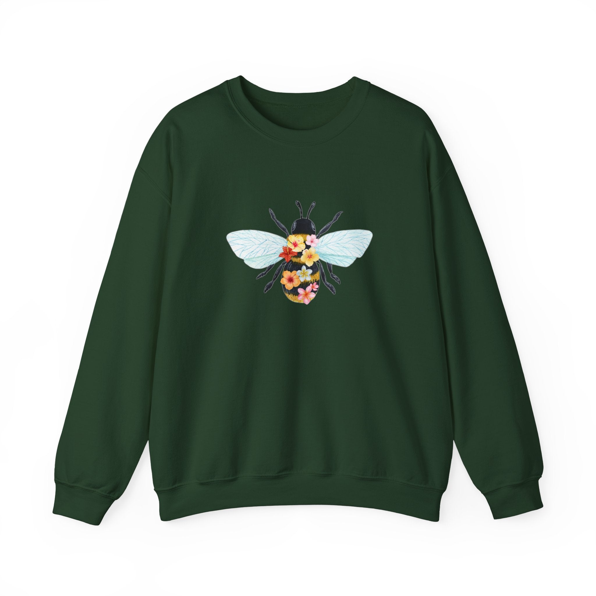 Green sweatshirt with a colorful bee design on a white background