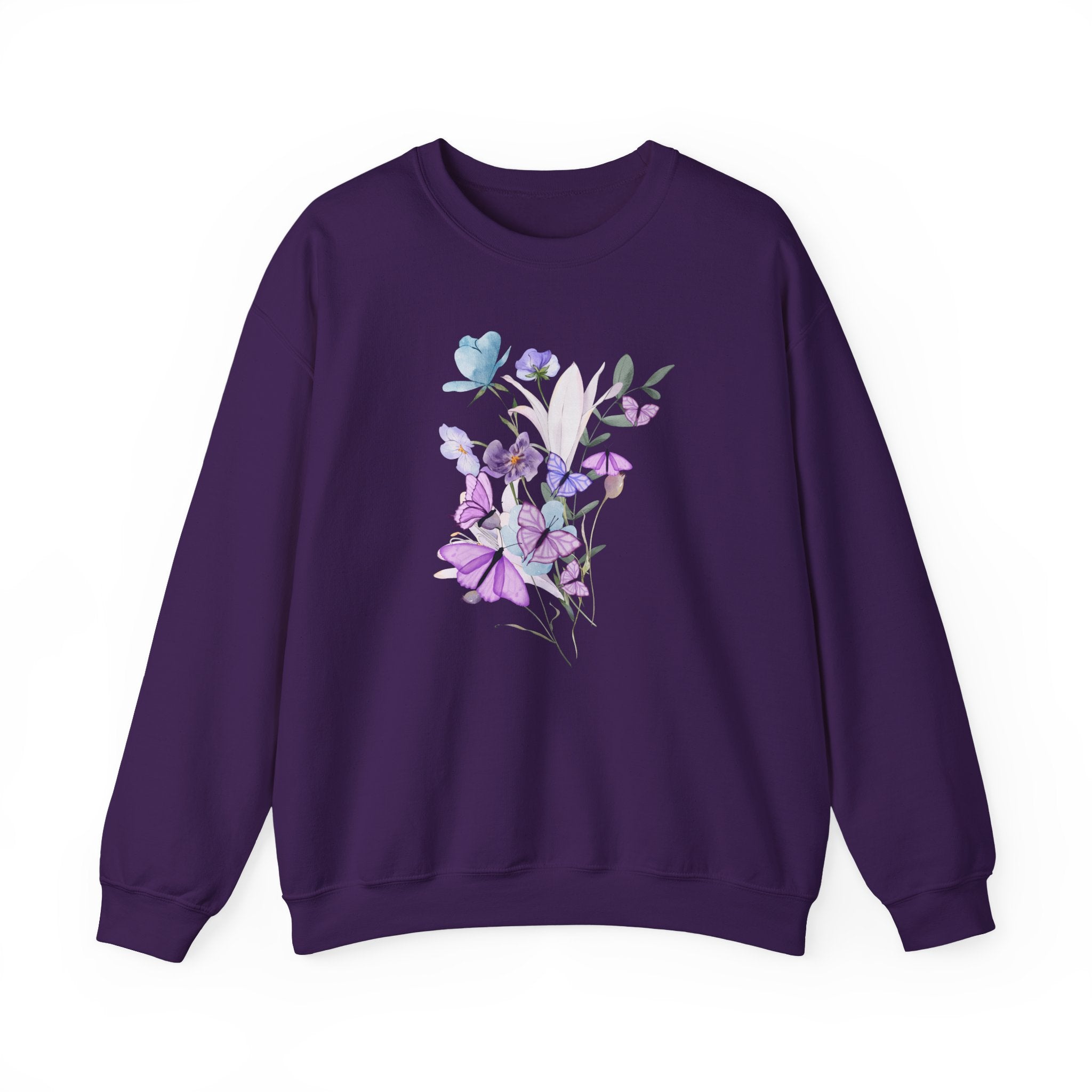 Purple sweatshirt with floral design on a white background