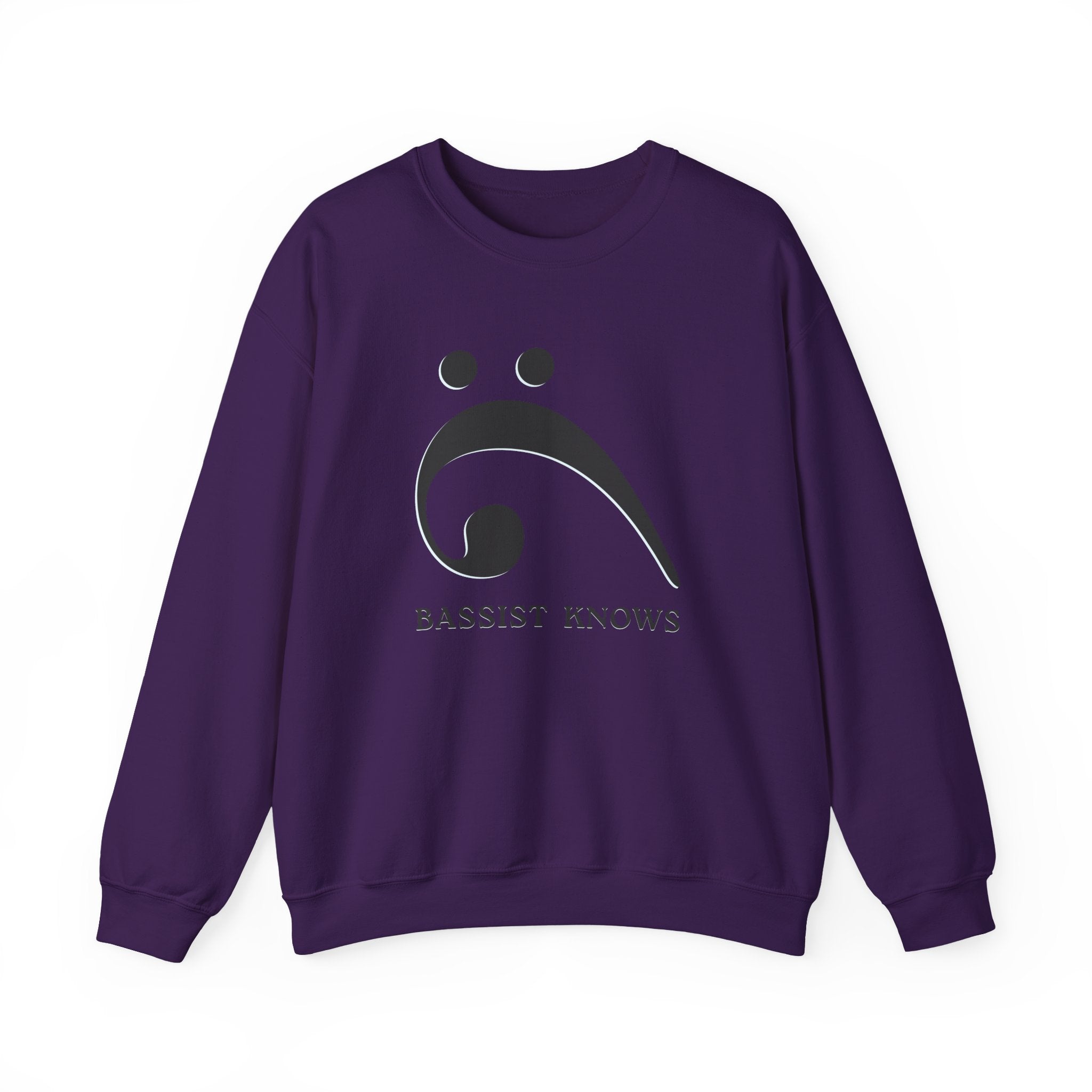 Purple sweatshirt with a black bass clef graphic and "Bassist Knows" text on a white background