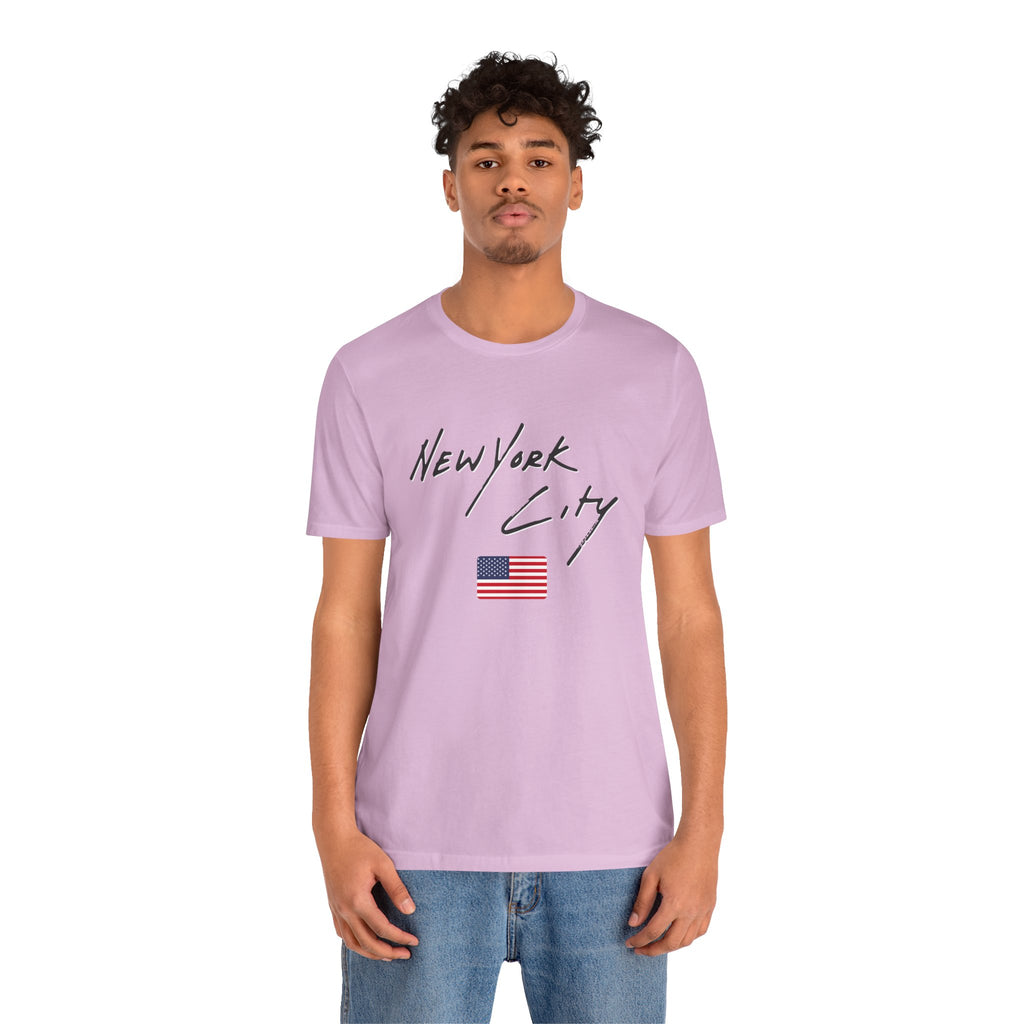 Person wearing a light purple t-shirt with 'New York City' and an American flag design on a white background